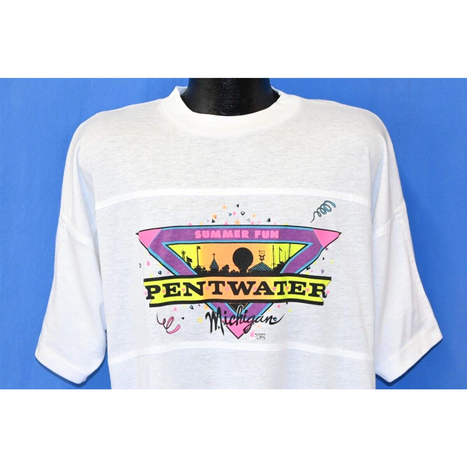 image of Vintage 80's Pentwater Michigan Summer Fun Neon Tennis Tails Lake T-Shirt XL in White, Men's