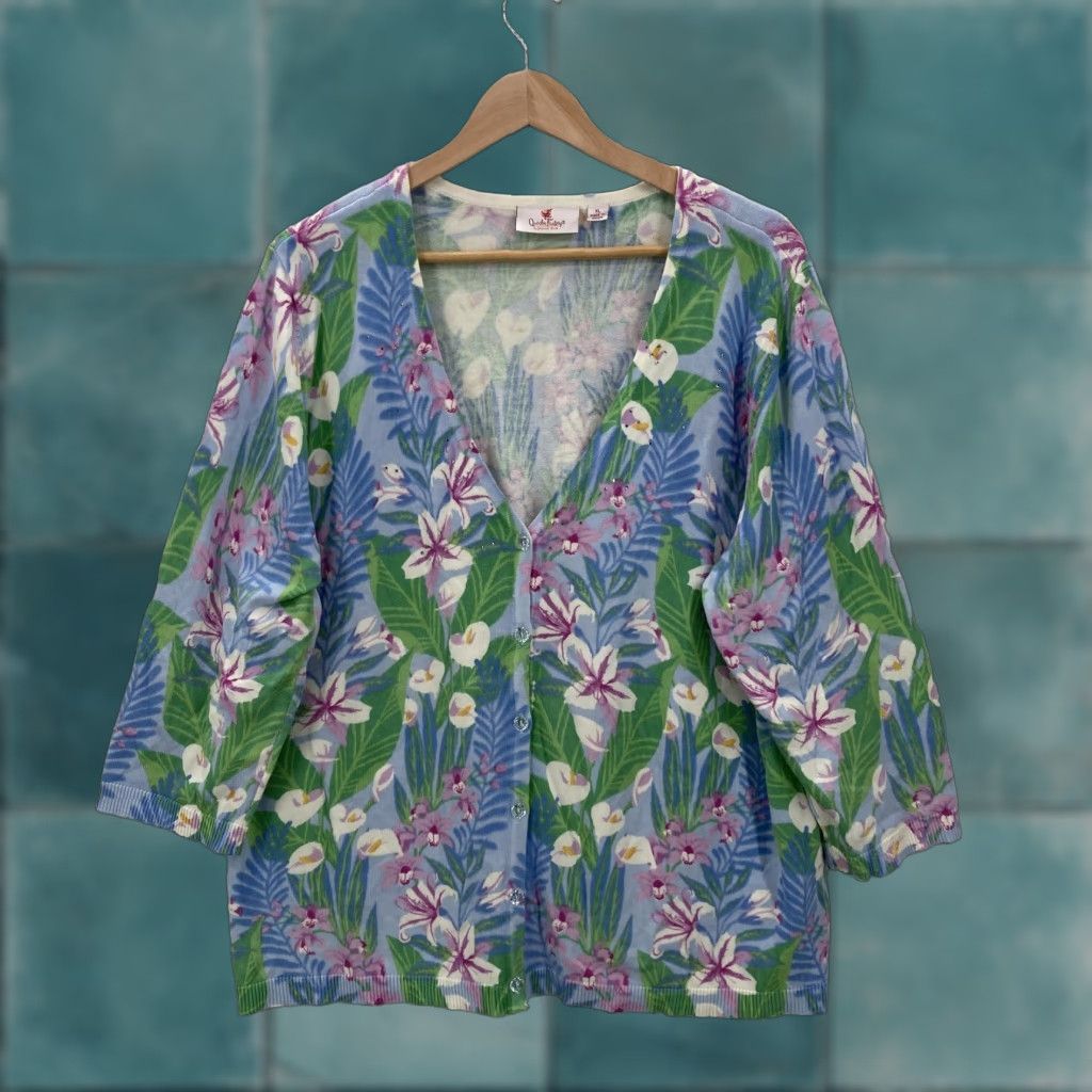 Quacker Factory Quacker Factory Cardigan Womens XL Blue Green Floral Print V Neck Button Front Size XL / US 12-14 / IT 48-50 - 1 Thumbnail
