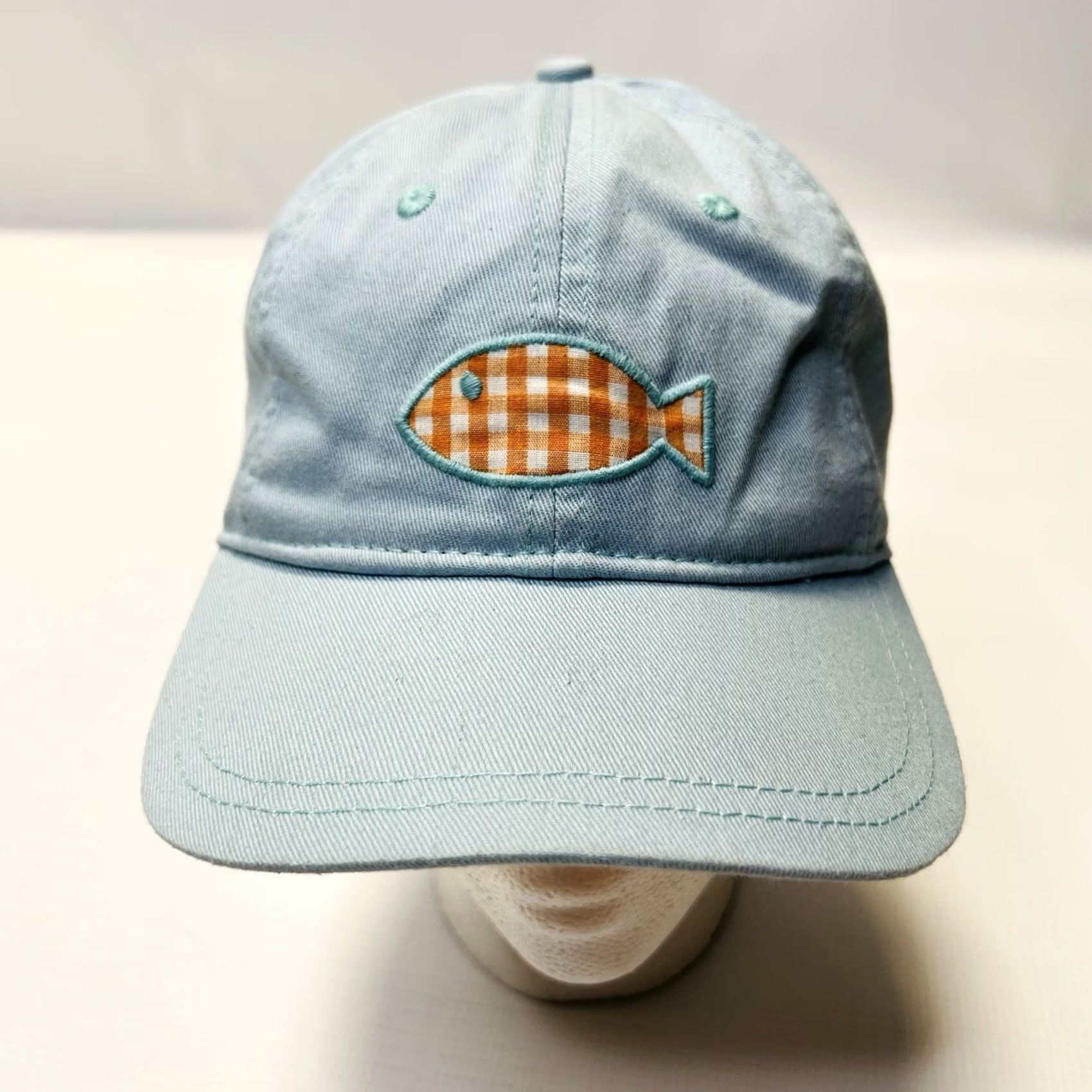 Vintage Kate Landry Hat Baseball Cap Blue Embroidered Orange Fish Adjustable Strap Women One Size Beach Nautical 80s 90s Boating Plaid Pattern Size ONE SIZE - 2 Thumbnail