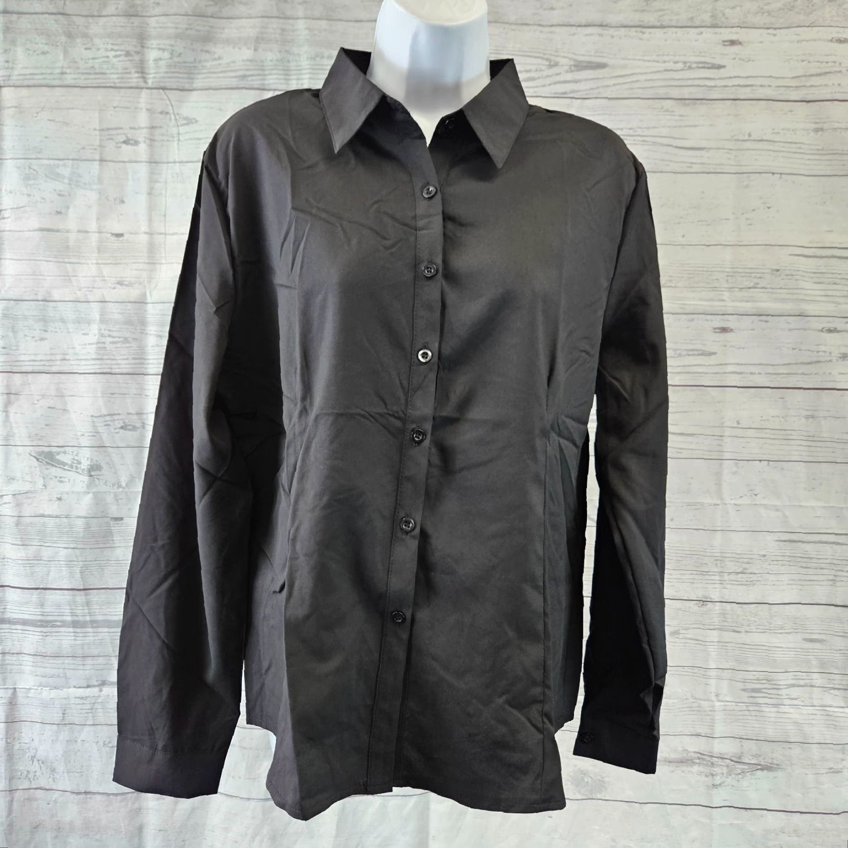 Vintage WBQ Womens Button-Front Shirt Sz L Solid Black Long Sleeve Shirt Womens Mens? (adjust) Size L / US 10 / IT 46 - 2 Thumbnail