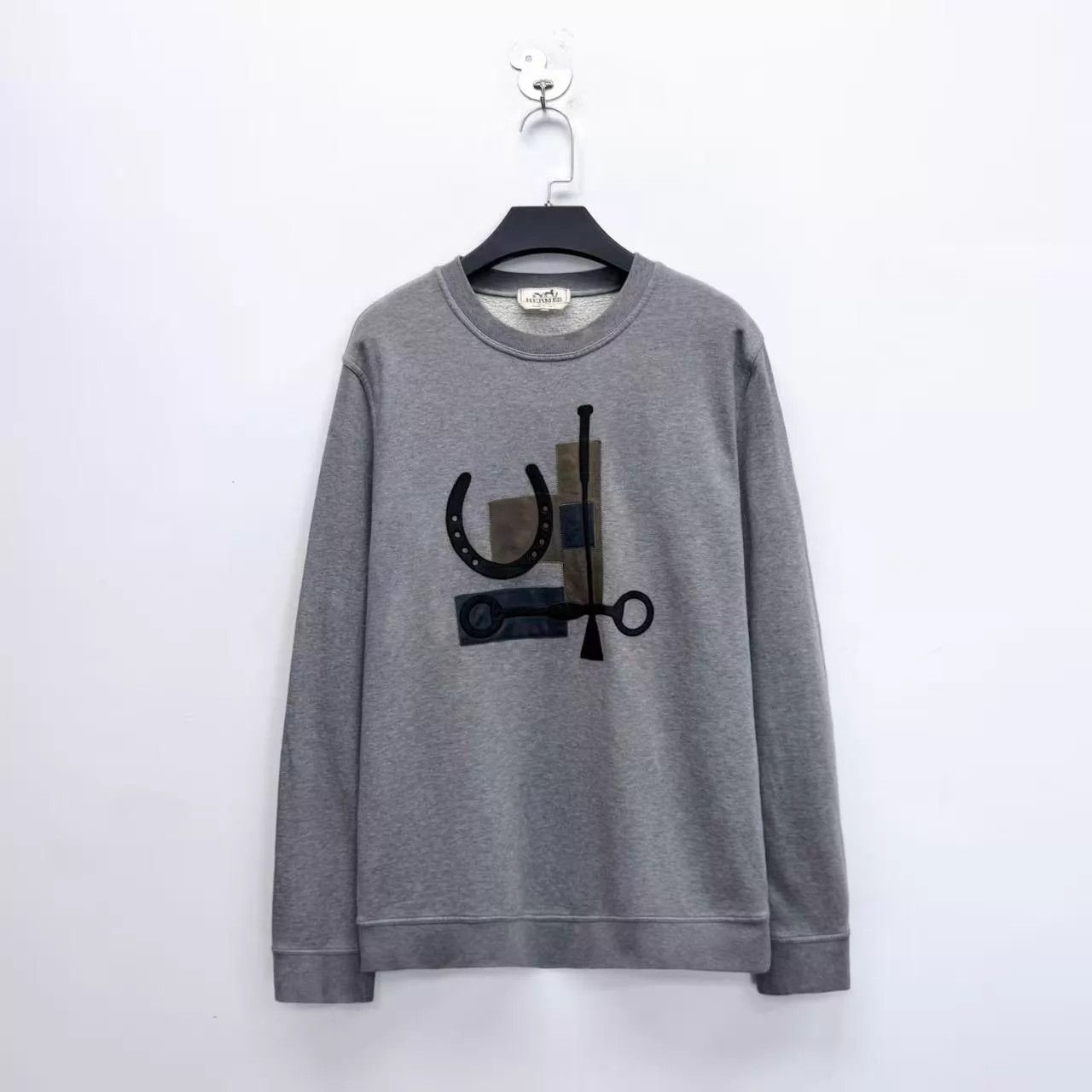Hermes Hermes Gray Leather Horseshoe Logo Sweatshirt L Unisex Size US L / EU 52-54 / 3 - 1 Thumbnail