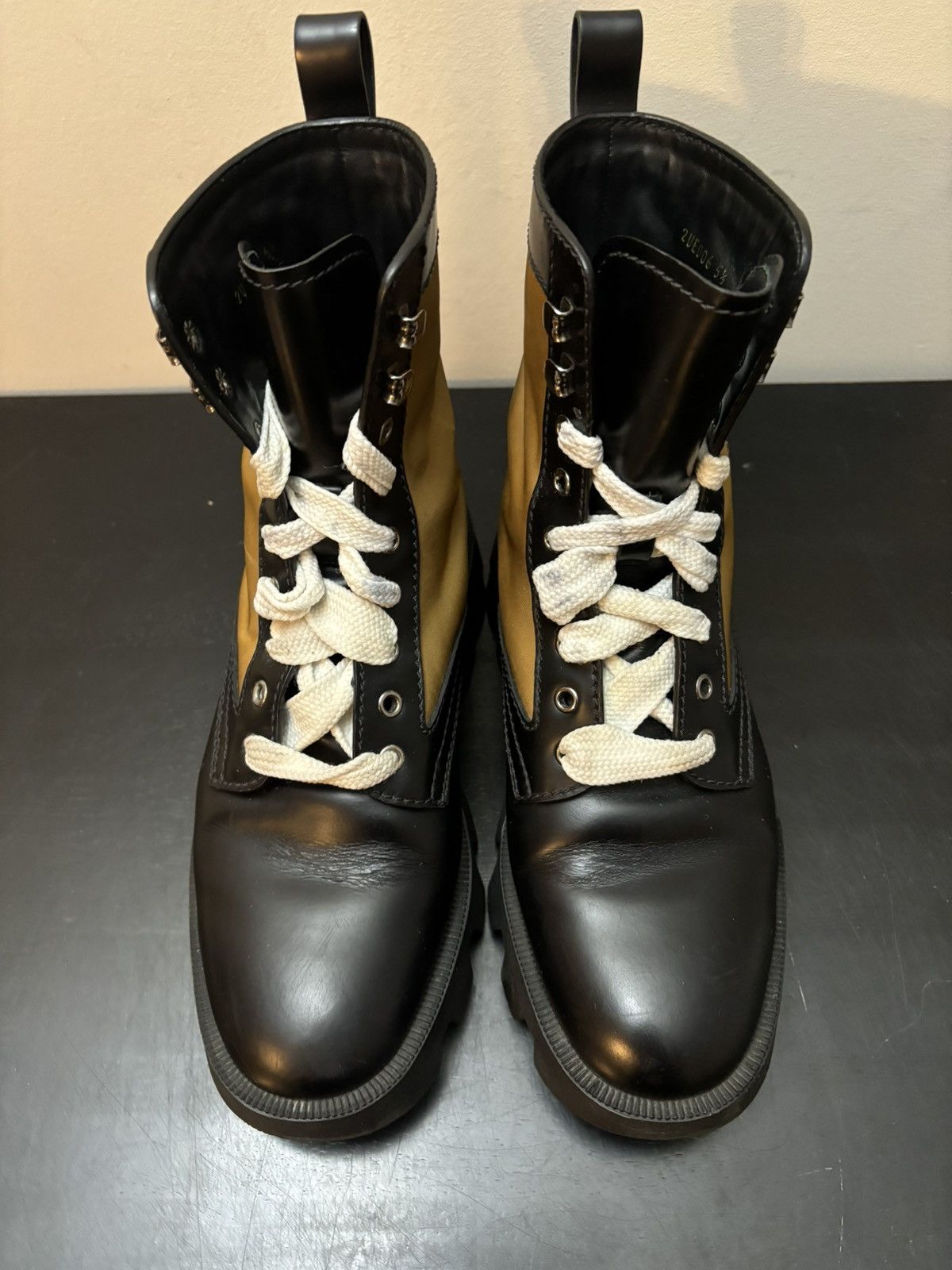 Prada Prada Triangle Logo Panelled Nylon Leather Combat Boot Brown Size US 5.5 / EU 38 - 2 Thumbnail