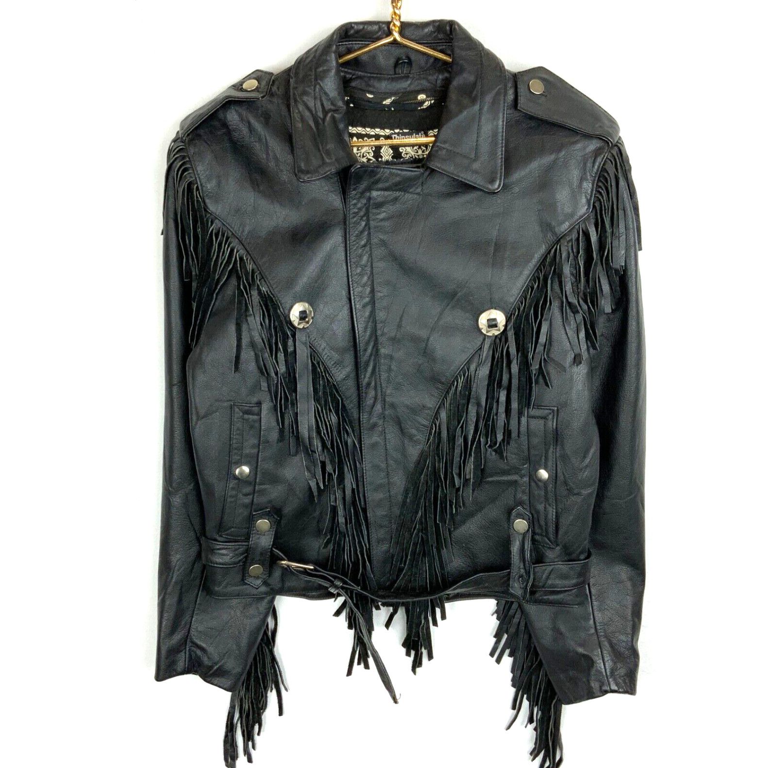 image of Vintage Women's Leather Tassle Jacket Open Road Full Zip Size SmAll Black in White