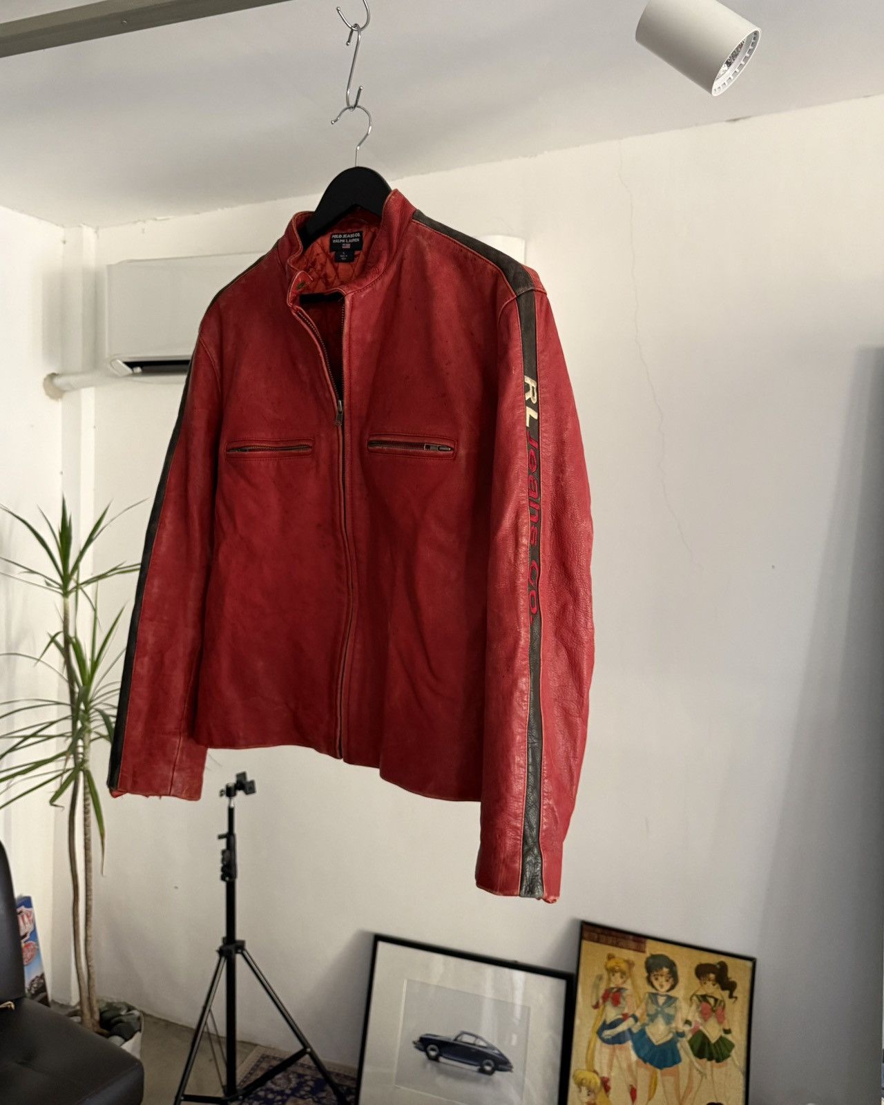 Rare Vintage Polo Ralph Lauren Flame Red Biker LeatherJacket