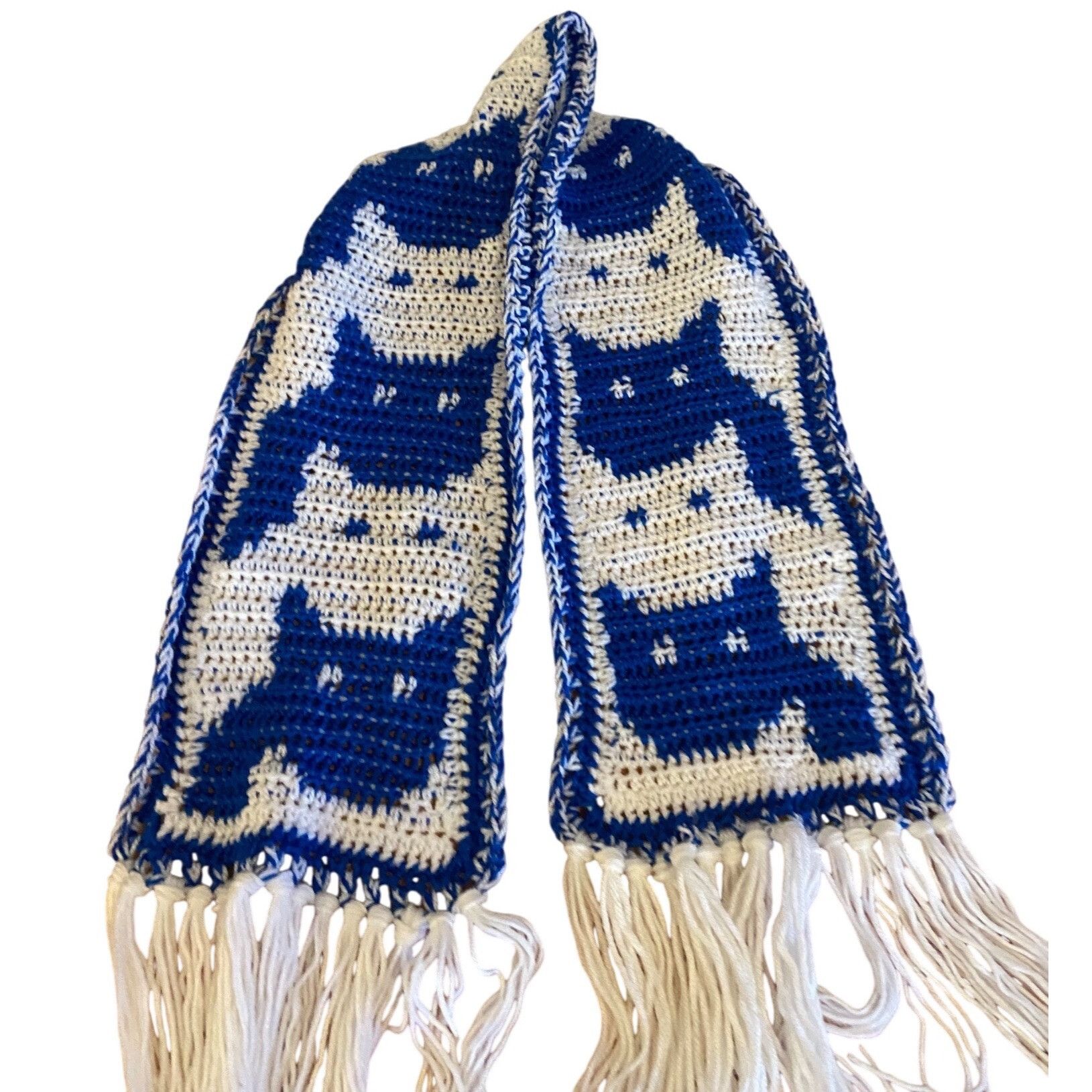 Other Handmade Crochet Cat Winter Scarf 62" Blue & White W/8” Frin Size ONE SIZE - 1 Thumbnail