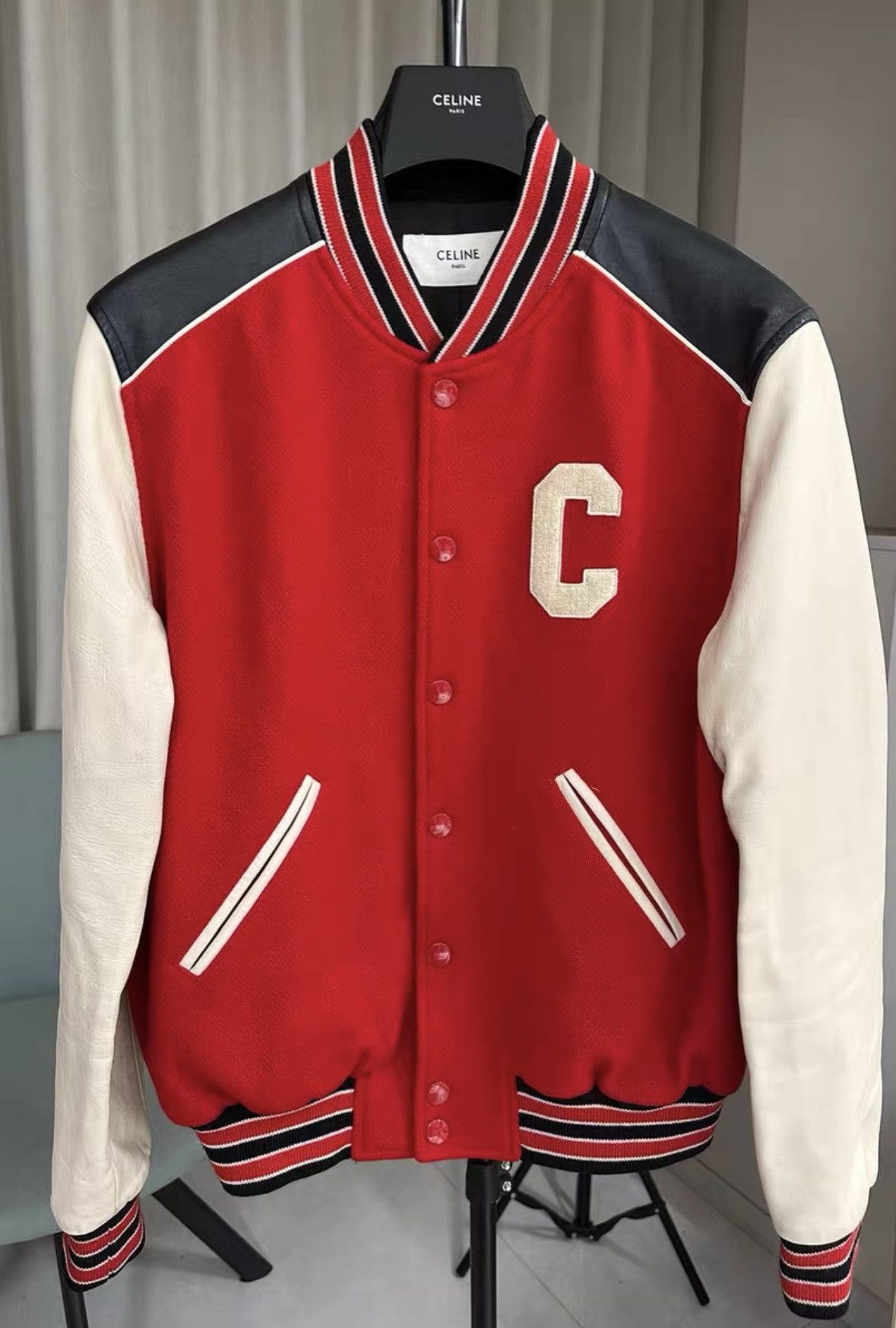 Celine Celine Red Leather Sleeves Varsity Jacket Size US L / EU 52-54 / 3 - 1 Thumbnail