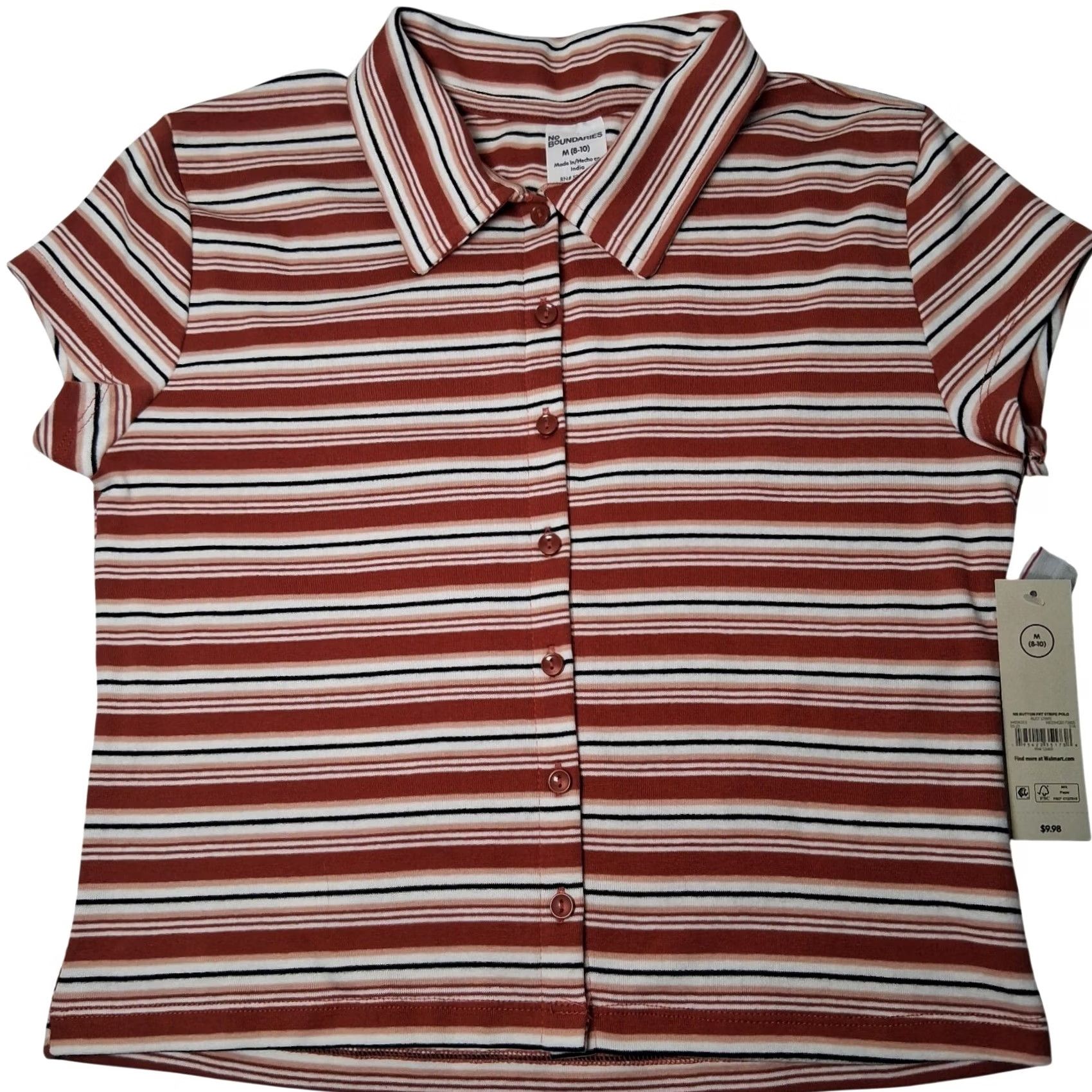 Vintage No Boundaries Juniors M Brown Stripe Polo Cropped Shirt Button Front NEW Size M / US 6-8 / IT 42-44 - 2 Thumbnail