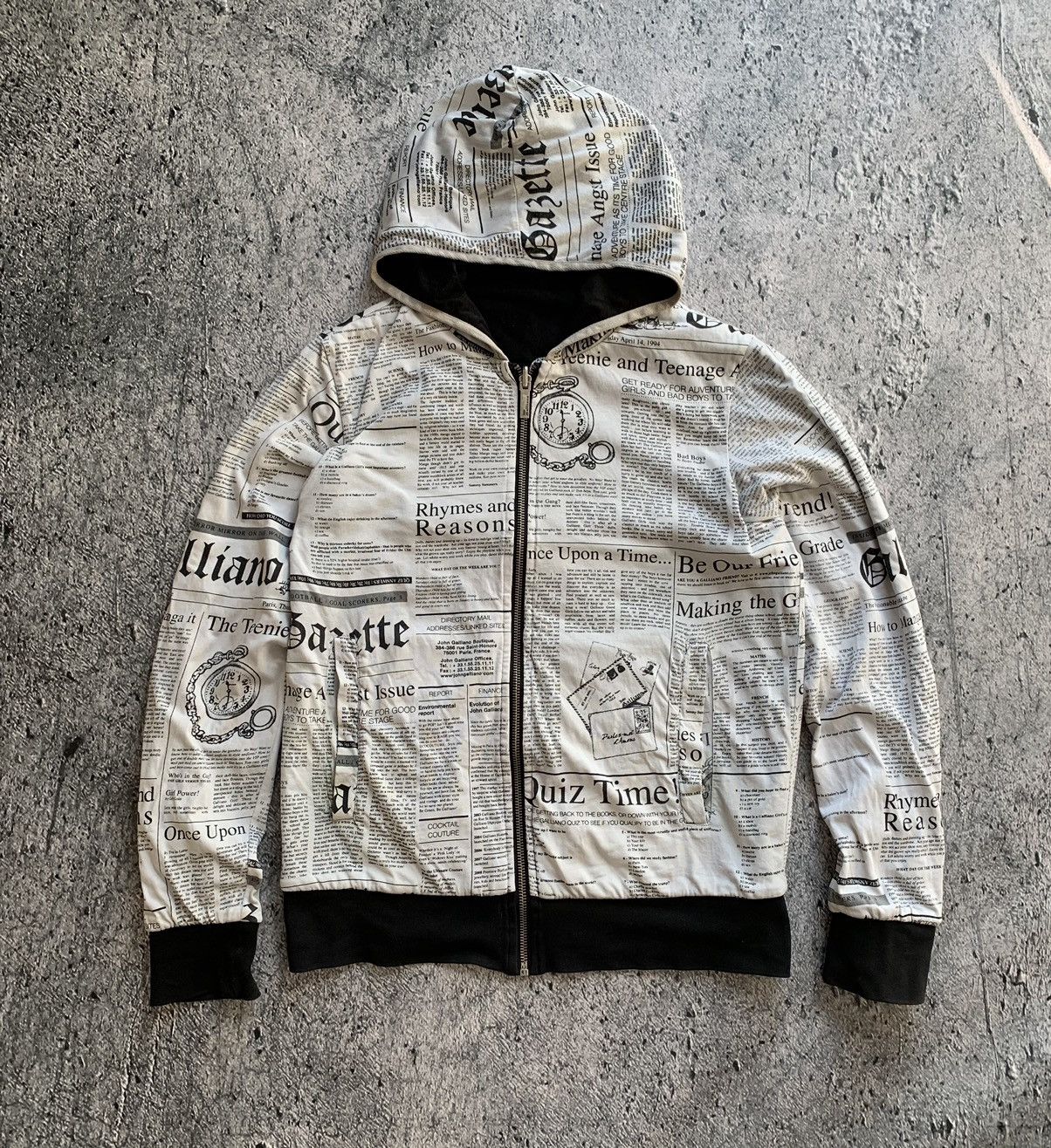 image of Avant Garde x Italian Designers John Galliano Newspaper Reverse Zip Hoodie in White, Women's (Size 