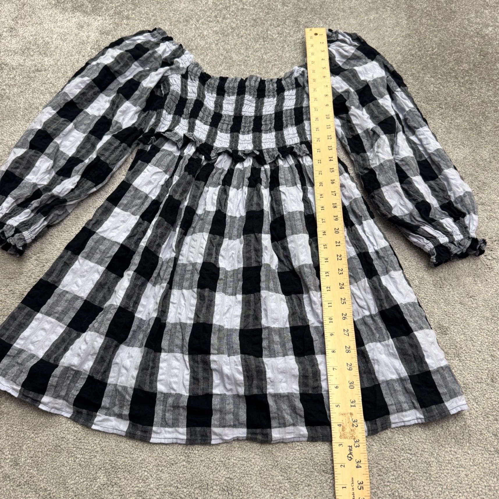 Topshop Topshop Blouse Shirt Womens 6 Black White Plaid Off Shoulder Puff Sleeve Smocked Casual Knit Rayon Cotton Button Pullover Regular Fit Adult Womens Size M / US 6-8 / IT 42-44 - 7 Thumbnail