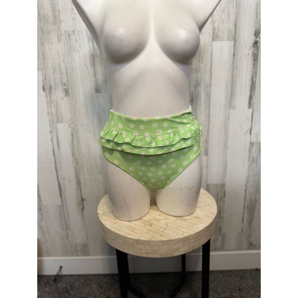 Other Green High Waist Daisy Print Bikini Bottom with Ruffle Detai Size ONE SIZE - 1 Thumbnail