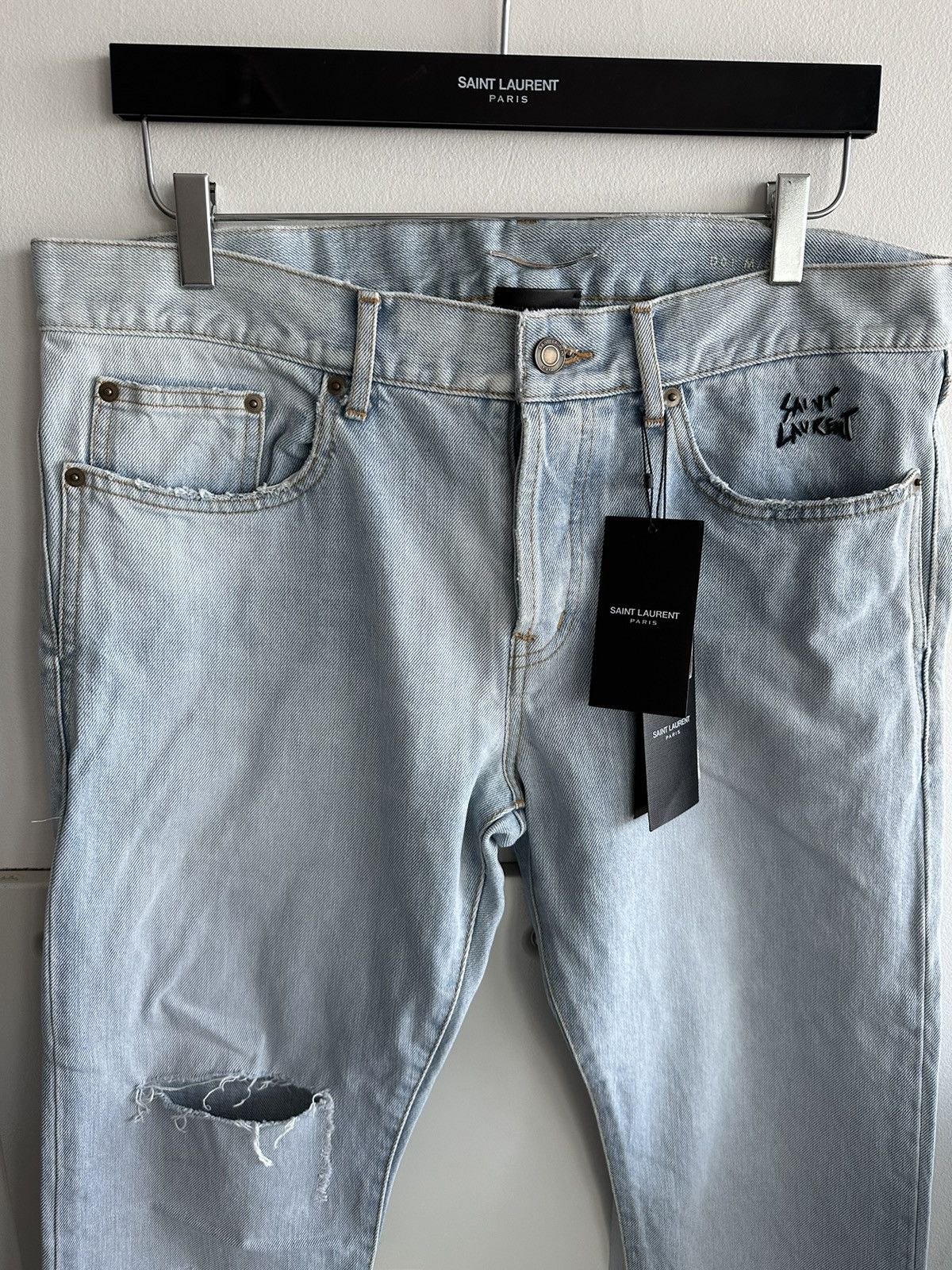 Saint Laurent Paris SLP Super Rare Brand New Trashed Ripped Skinny Denim Jeans Size US 33 - 21 Thumbnail