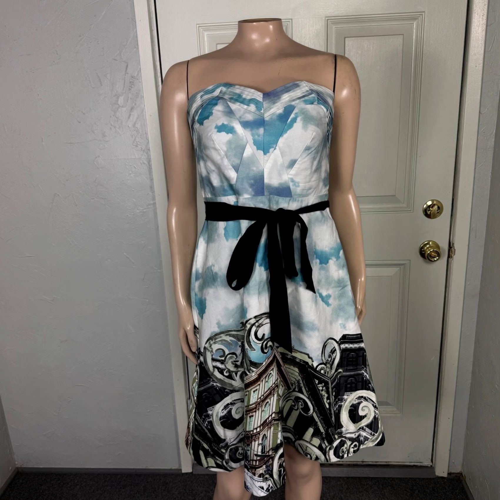 Anthropologie Anthropologie Womens Dress Skyward Scenic Strapless Cotton Knee Length Sleeveless Geometric Bohemian Casual Zip Blue 6 Size M / US 6-8 / IT 42-44 - 2 Thumbnail