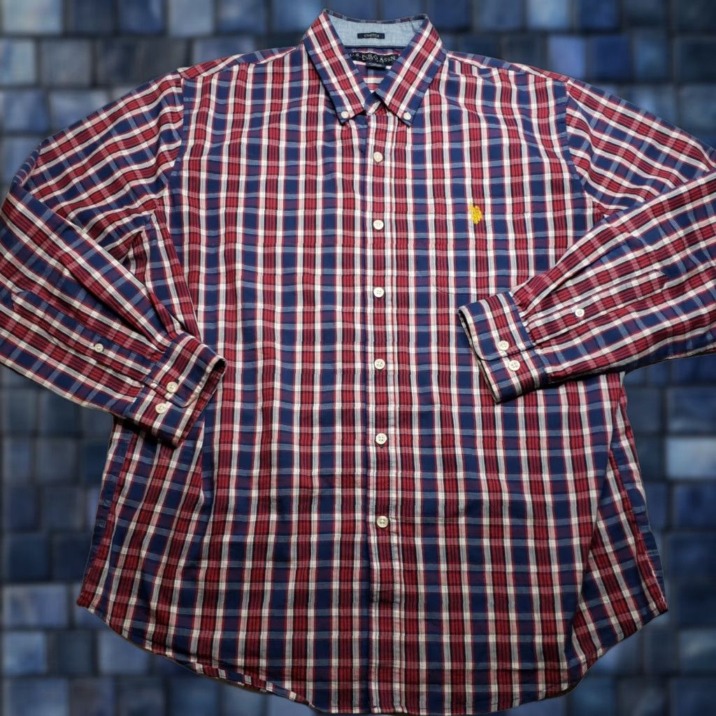 US Polo Assn Button-Down Shirt Long Sleeve XL Crest Plaid Red White Blue Cotton Blend Men's Shirt