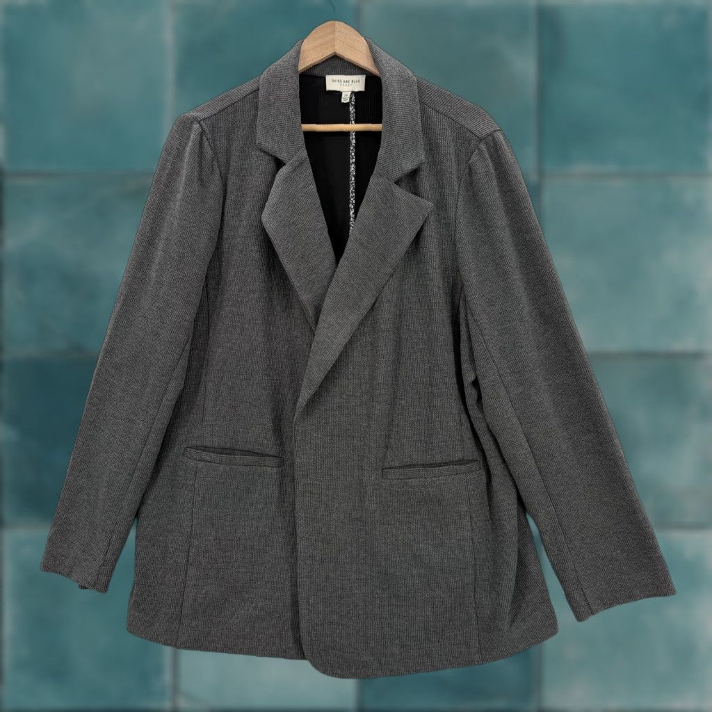 Vintage Skies Are Blue Blazer Jacket Womens 2X Gray Knit Open Front Pockets Plus-Size Curvy 2X Fall Spring Casual Business Women Long Sleeve Size XXL / US 16-18 / IT 52-54 - 1 Thumbnail
