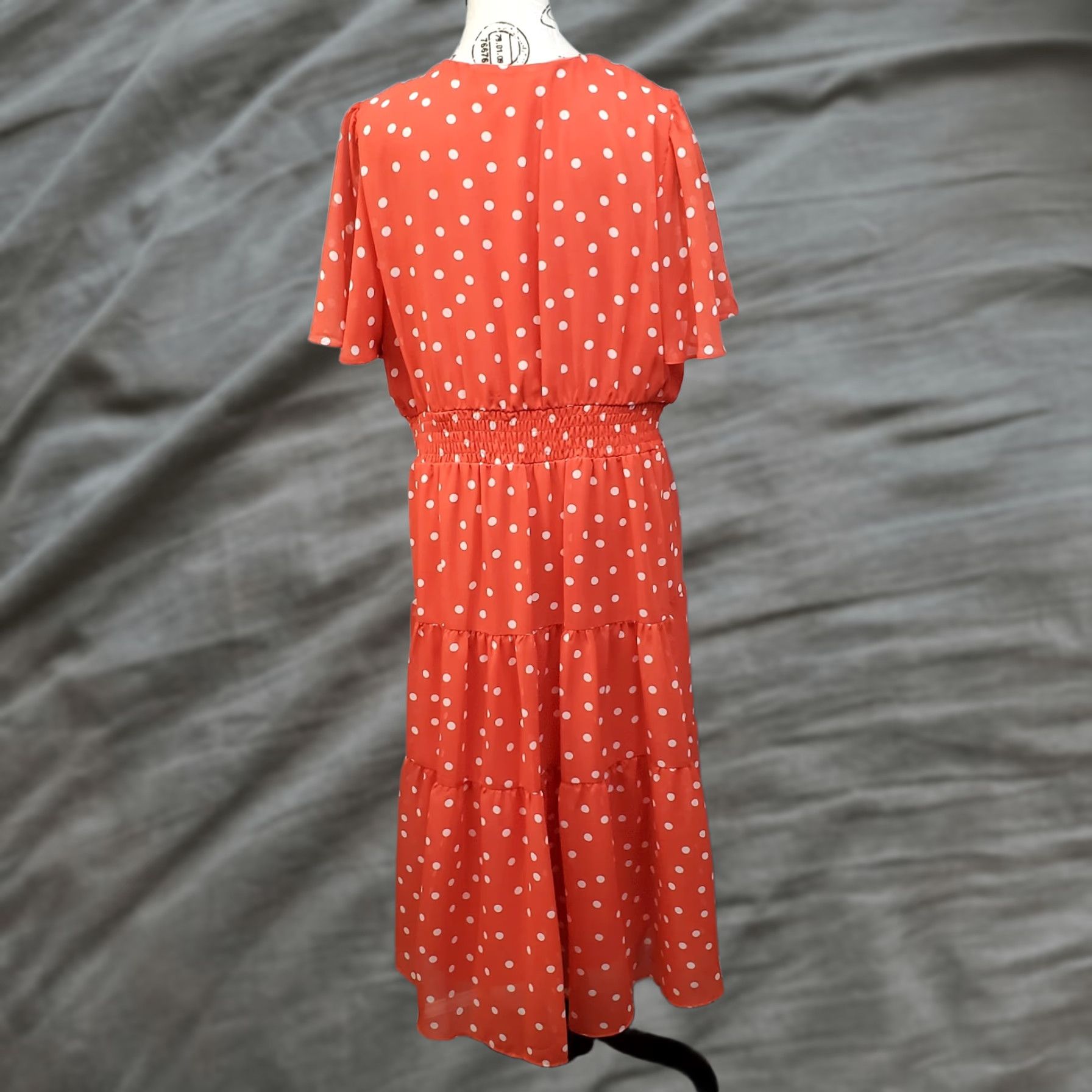 Vintage Danny & Nicole Womens Dress 16 Orange White Polka Dot Smocked Waist Midi Short Sleeve Flutter Sleeve V-Neck Dress Size XXL / US 16-18 / IT 52-54 - 1 Thumbnail