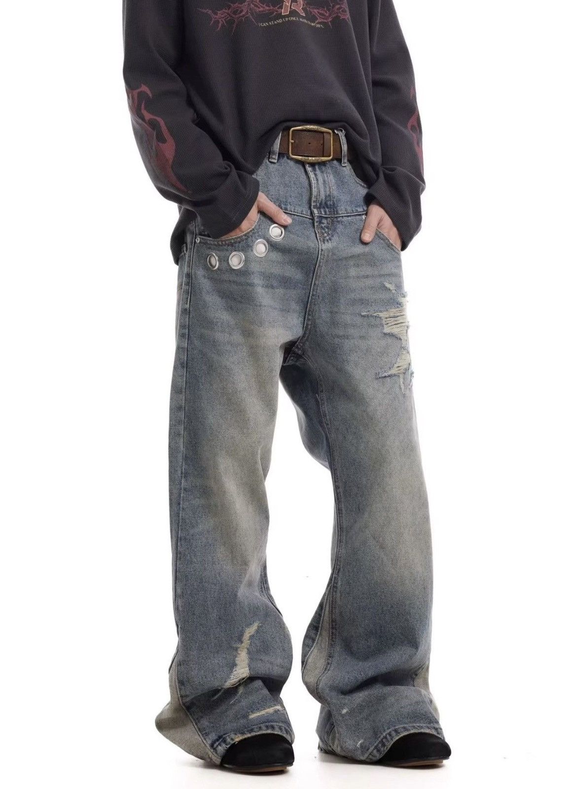 Jean Vintage Washed Distressed Splicing Flared Jeans Size US 30 / EU 46 - 1 Thumbnail