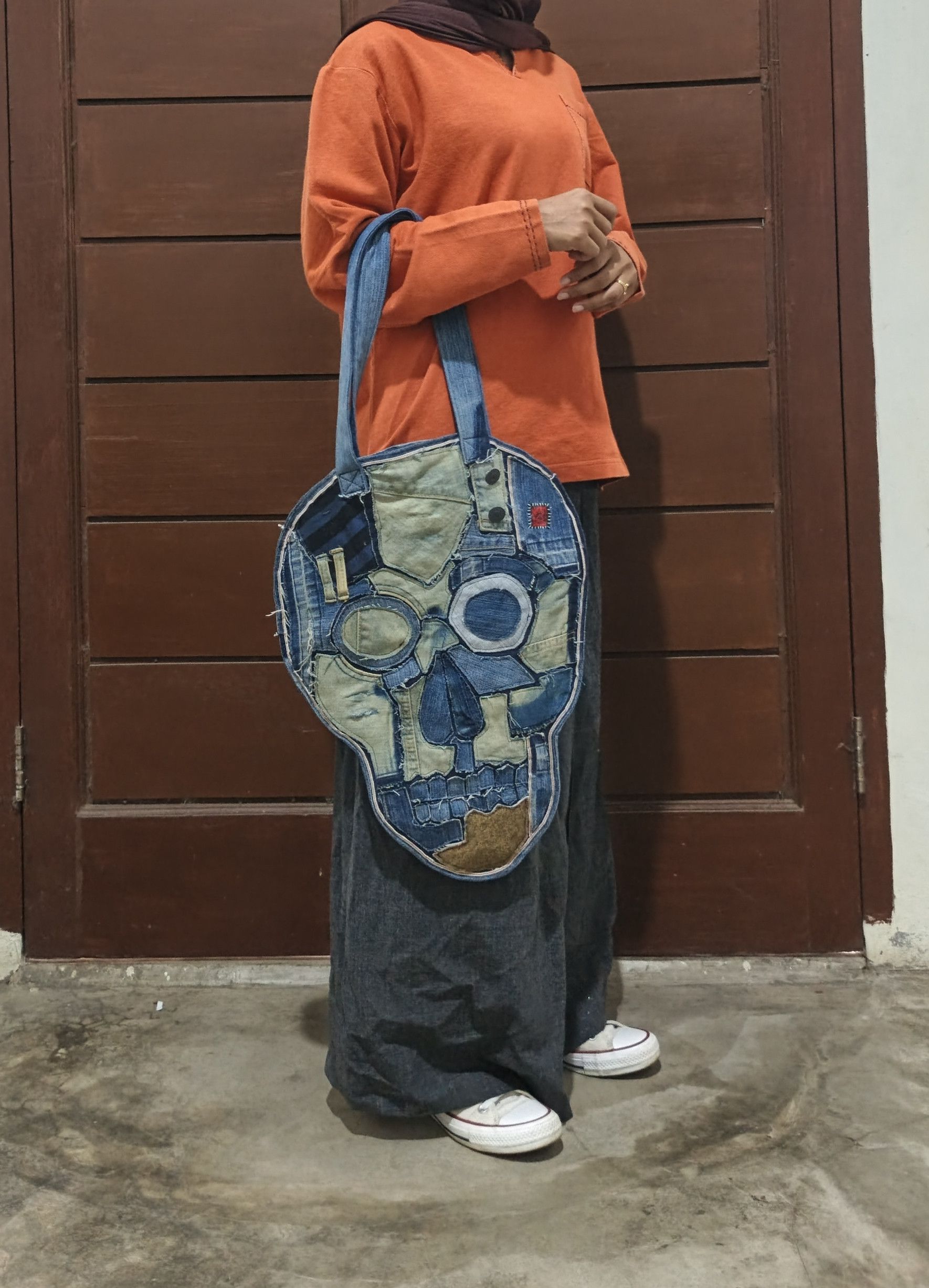 Japanese Brand Custom Denim Art Tote Bag Skull Design Size ONE SIZE - 13 Thumbnail