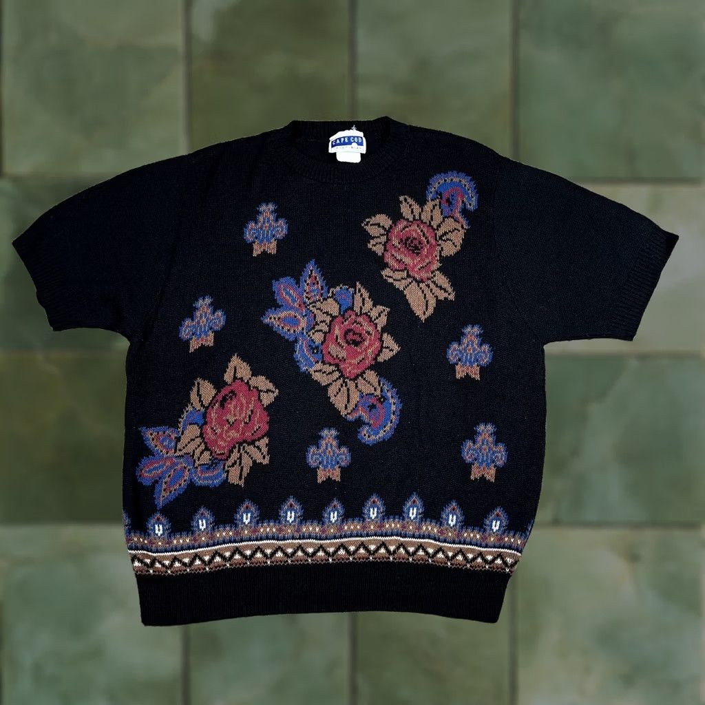 Vintage VINTAGE Cape Cod Stylish Floral Black Knit Sweater Womens L Sweater Crew Neck Short Sleeve 90s USA Floral Cap e Cod Womens Large Size L / US 10 / IT 46 - 1 Thumbnail