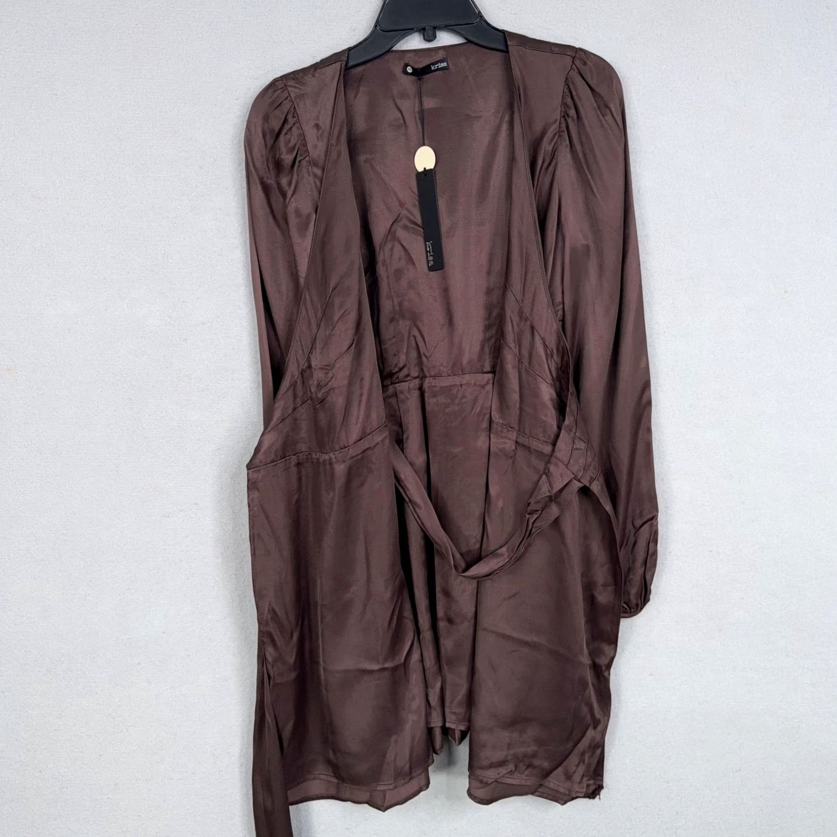 Krisa Krisa Dress Womens XS Brown Satin Wrap Long Sleeve Mini Made In USA Party NWT Size XS / US 0-2 / IT 36-38 - 7 Thumbnail