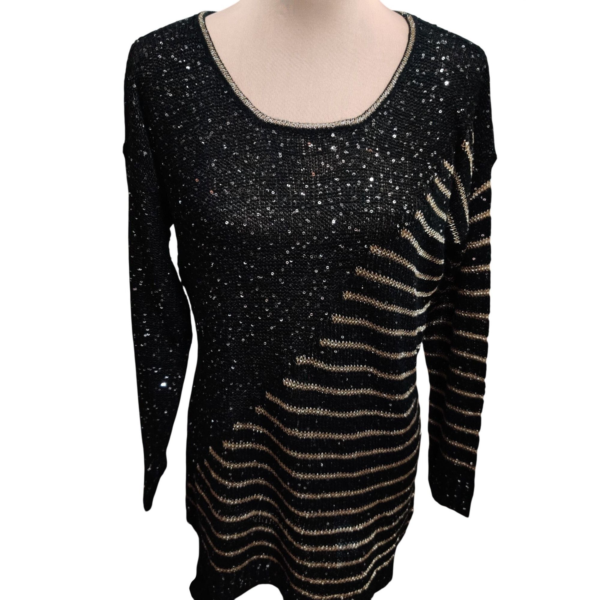 Vintage Vintage Escio Black Gold Sequin Stripe Knit Sweater Size M 8 Size M / US 6-8 / IT 42-44 - 13 Thumbnail