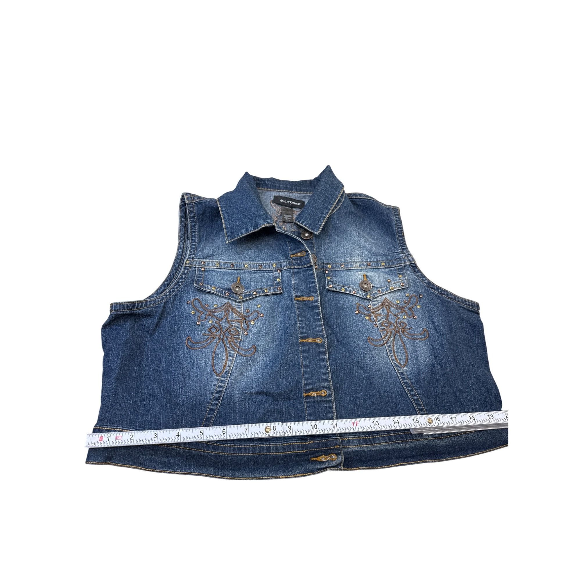 Designer Ashley Stewart Womens Blue Denim Embroidered Vest Size 14/16 Size XL / US 12-14 / IT 48-50 - 8 Thumbnail