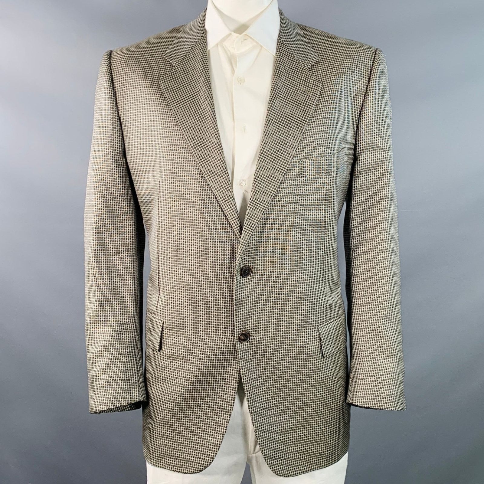 Corneliani Regular Black White Grid Silk Virgin Wool Notch Lapel Coat Size 46R - 1 Thumbnail