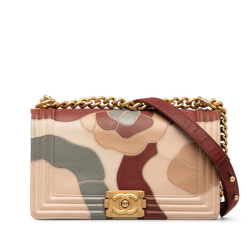 image of Chanel Medium Camellia Patchwork Le Boy Flap Bag in Brown, Women's
