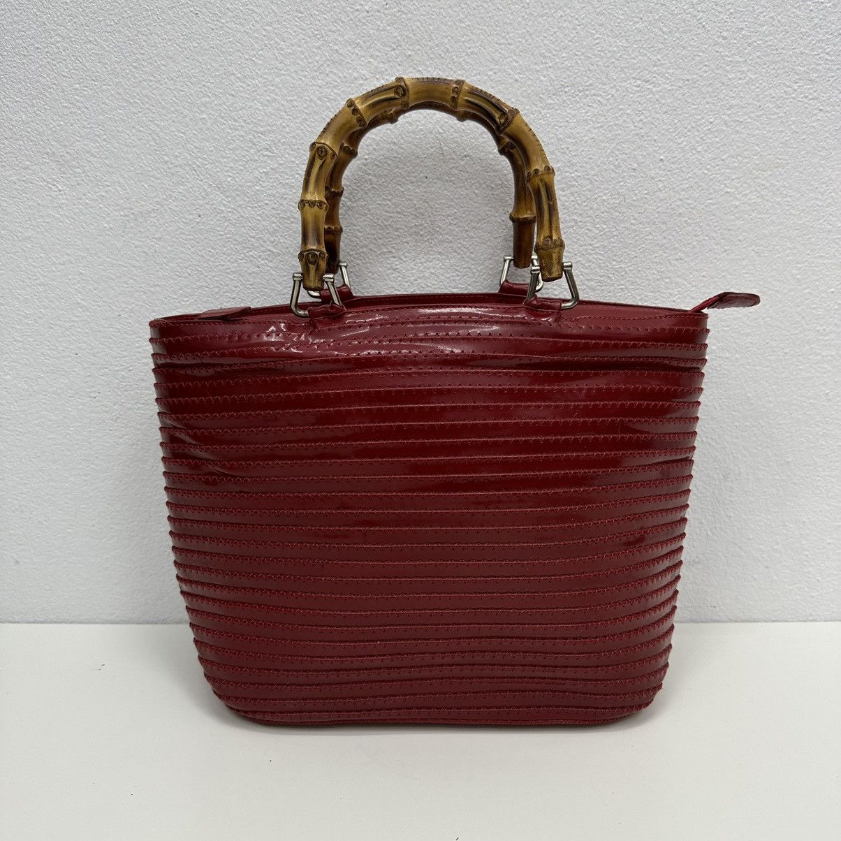 Vintage ‼️YES‼️AUTHENTIC GUCCI BAMBOO 1990s RED PATENT LEATHER HANDBAG Size ONE SIZE - 2 Thumbnail