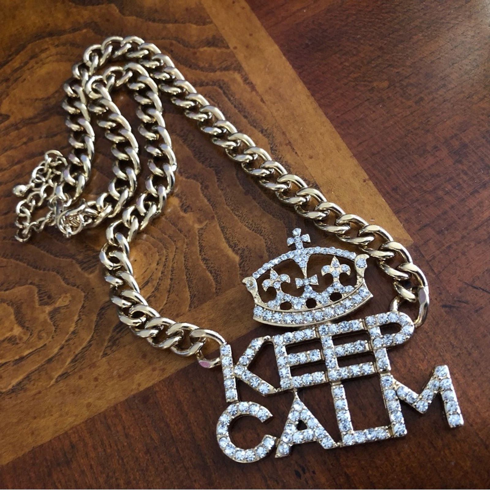 Jewelry Bling bold clear rhinestone “KEEP CALM” chain link necklace Size ONE SIZE - 1 Thumbnail