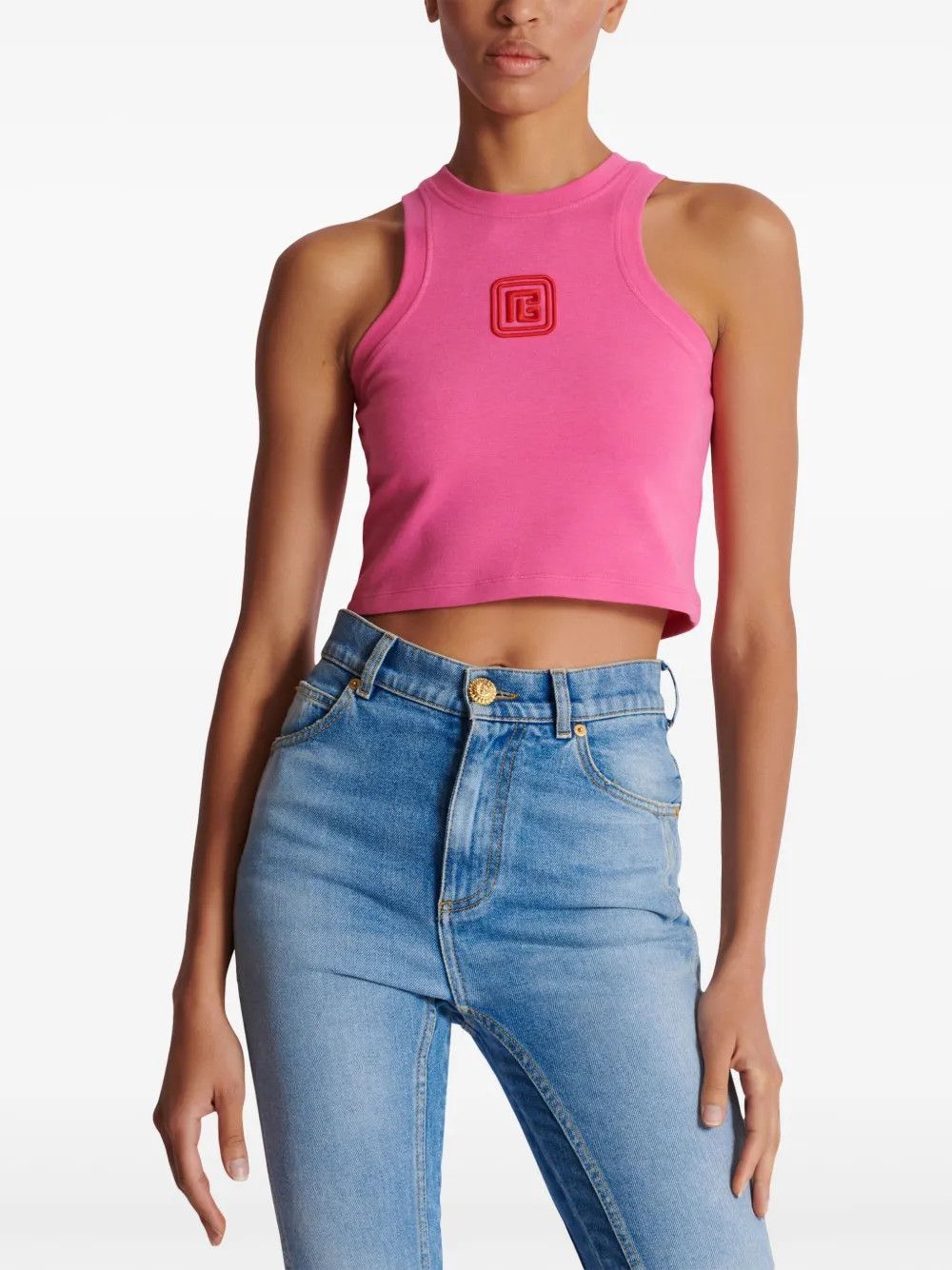 Balmain o1s1wg110725 Logo Embroidered Cropped Tank Top in Pink Size L / US 10 / IT 46 - 2 Thumbnail