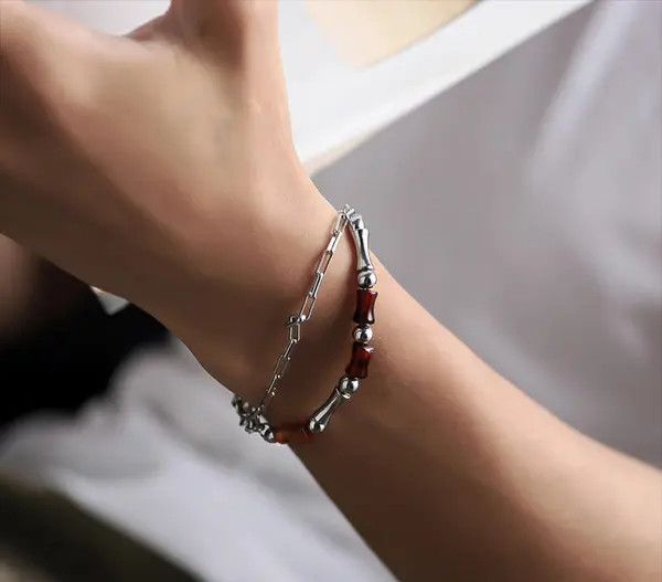 Jewelry Silver Chain Men's Bracelet with Brown Beads Size ONE SIZE - 4 Thumbnail