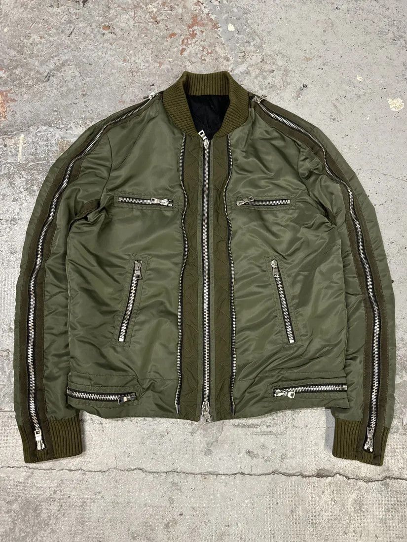 Balmain × Designer × Vintage 2010s Balmain Multi Zips Aviator Green Bomber Jacket Size US M / EU 48-50 / 2 - 1 Thumbnail