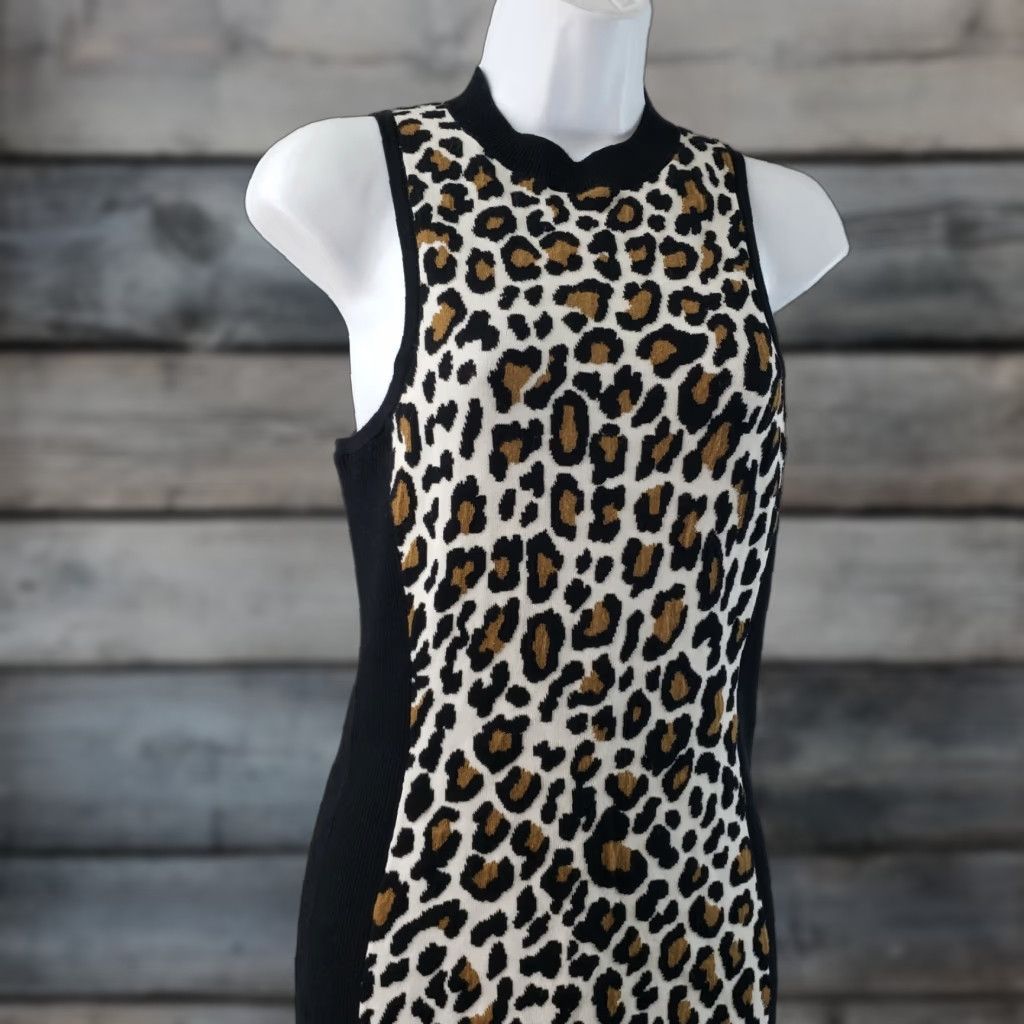 Vintage Leith Womens Knit Body Con Dress Sz M Leopard Print Black  Sleeveless Dress | Grailed