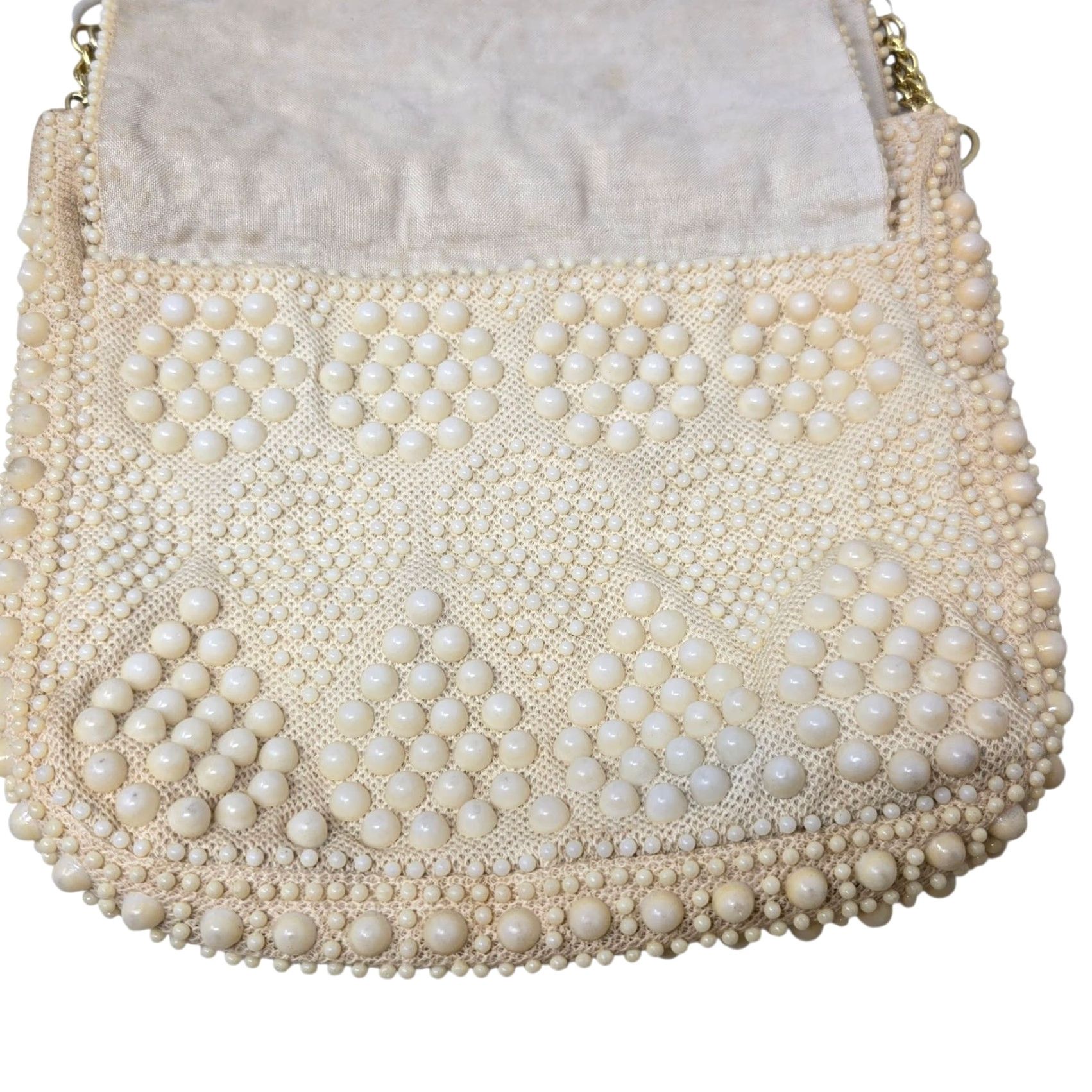 Vintage VINTAGE Beaded Ivory Purse Handbag Gold Chain Evening Bag Wedding Hong Kong Womens Size ONE SIZE - 3 Thumbnail