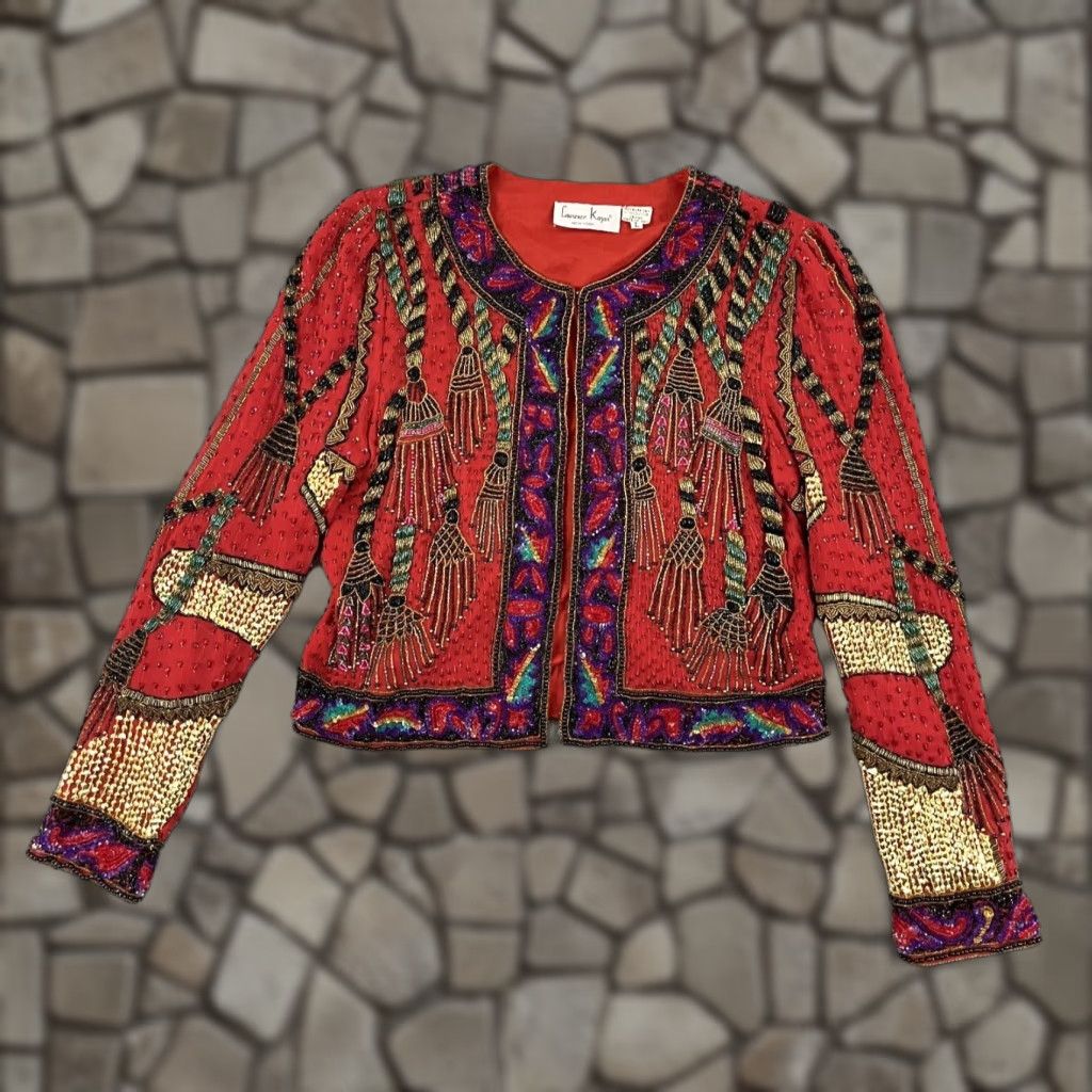 Vintage Vintage LAURENCE KAZAR Blazer Womens Large Red Silk Sequin Beaded Tassel Novelty Size L / US 10 / IT 46 - 1 Thumbnail