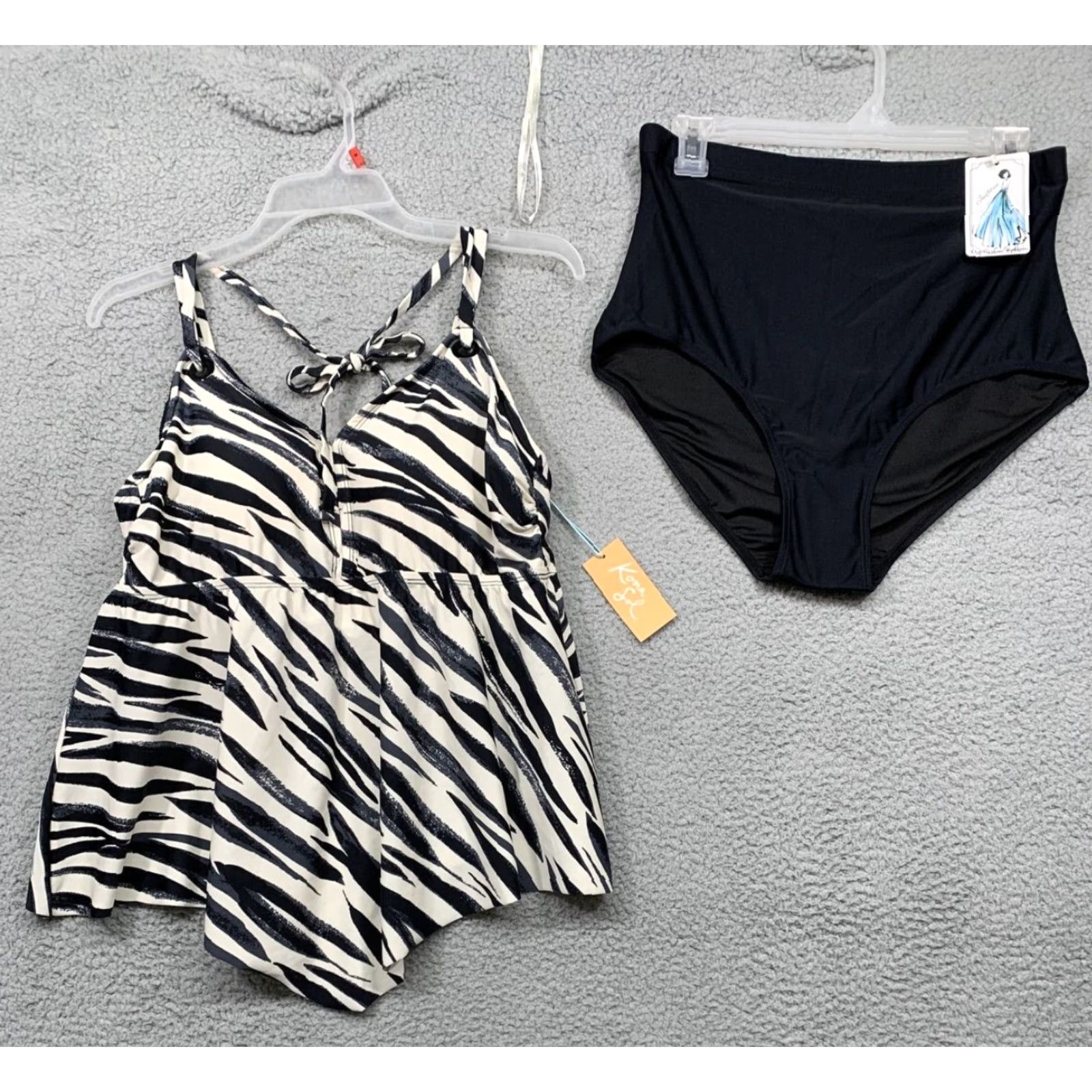 Vintage Kona Sol Swimsuit Zebra Print Top Solid Black Bottoms XL 16W Women Two Piece Sz 16W XL Black Zebra Womens Size XXL / US 16-18 / IT 52-54 - 2 Thumbnail
