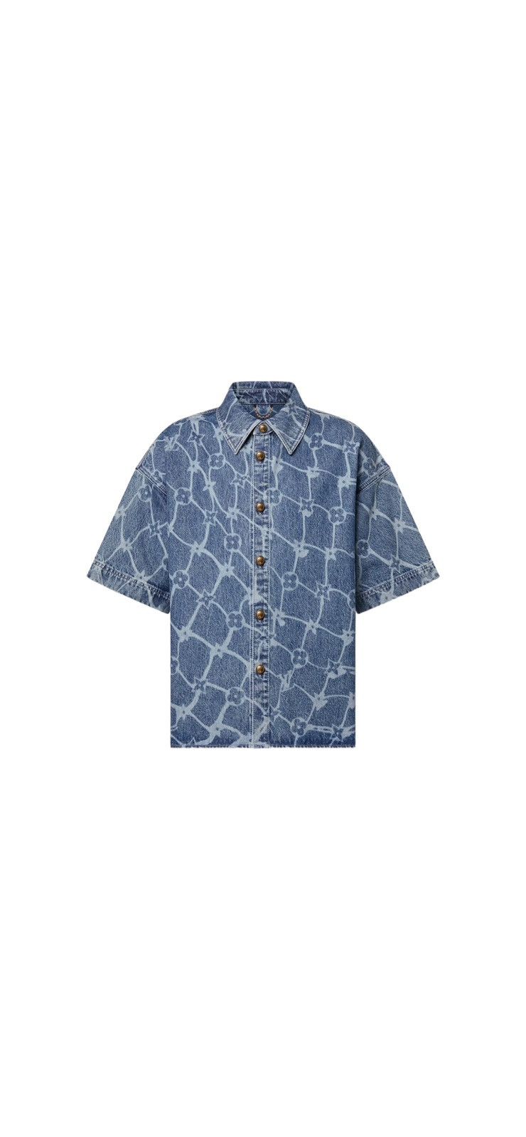 image of Louis Vuitton Monogram Printed Short-Sleeved Denim Shirt in Blue, Men's (Size XS)