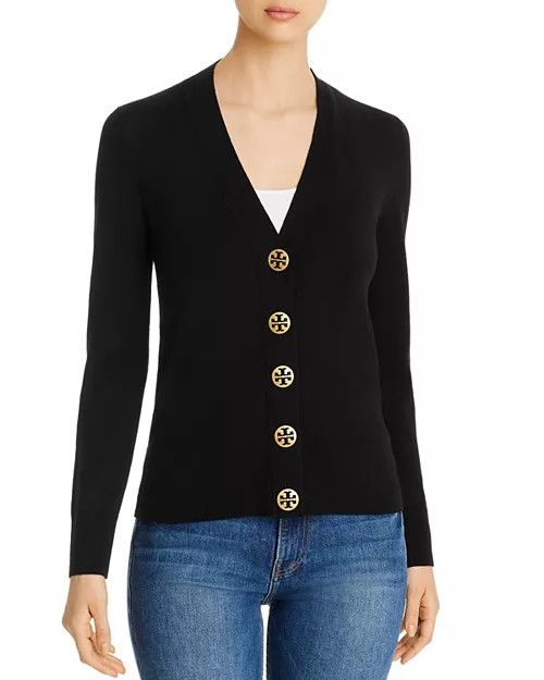 TORY BURCH Black Logo Button Merino Wool V-Neck Cardigan M
