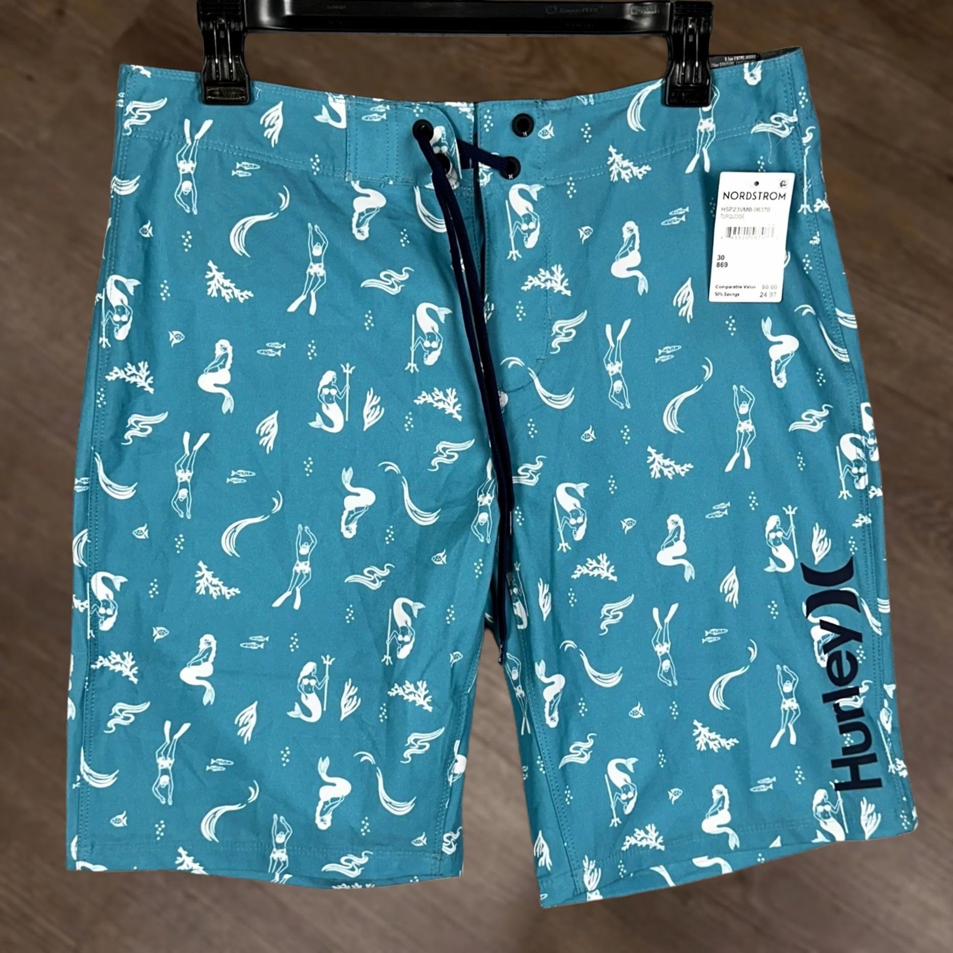Hurley Hurley Boardshorts Mens 30 Turquoise Mermaid Print 4 Way Stretch Swim Shorts Size US 30 / EU 46 - 1 Thumbnail