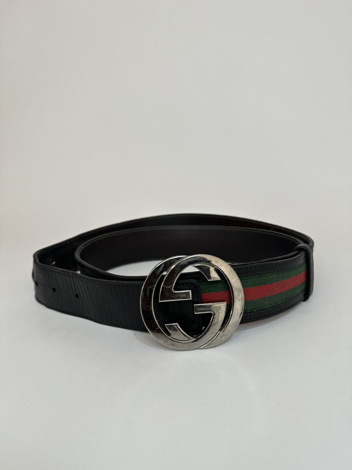 Gucci Gucci Interlocking GG Buckle Green And Red Web Canvas Belt. Size 44 - 1 Thumbnail