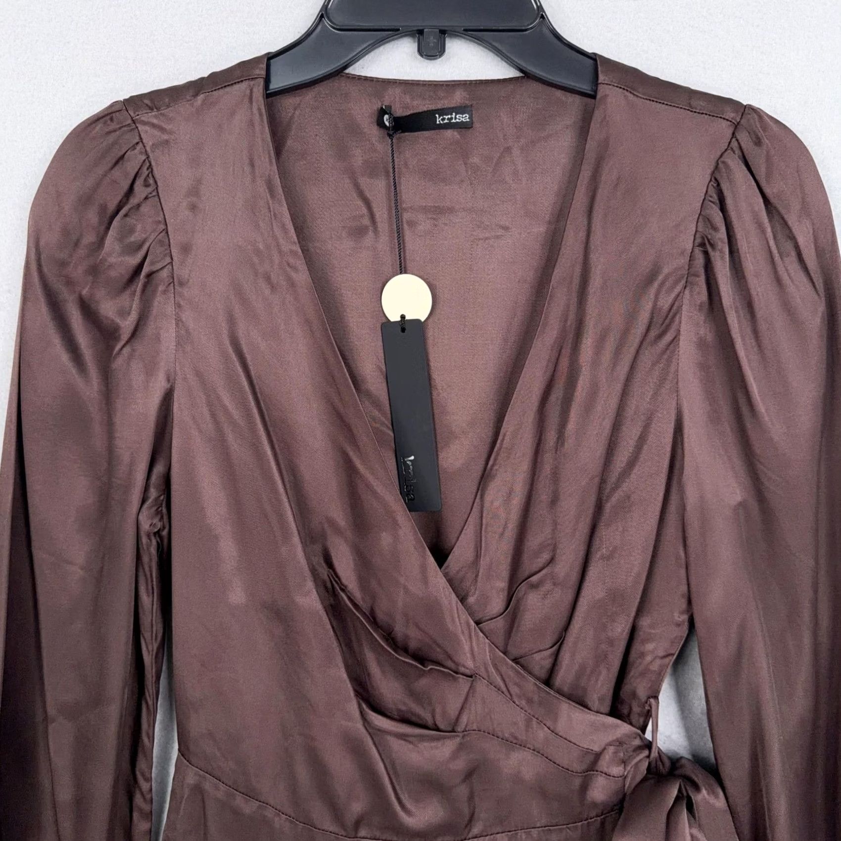 Krisa Krisa Dress Womens XS Brown Satin Wrap Long Sleeve Mini Made In USA Party NWT Size XS / US 0-2 / IT 36-38 - 2 Thumbnail