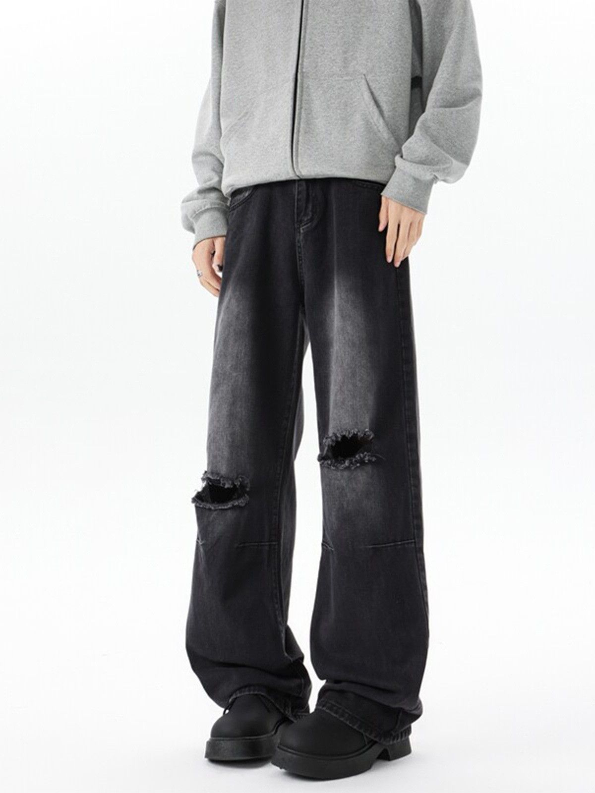Japanese Brand Street men's retro washed distressed straight ripped jeans Size US 32 / EU 48 - 2 Thumbnail