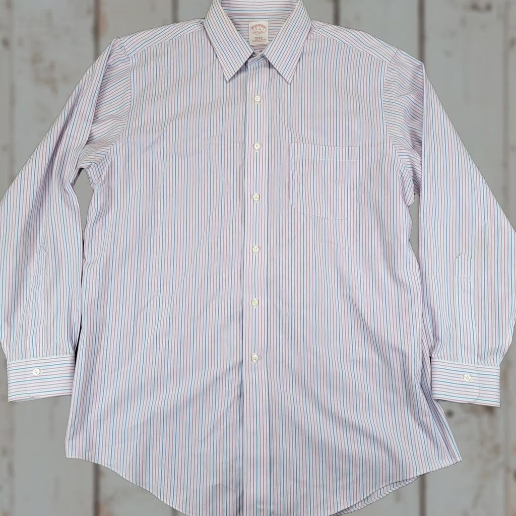 Brooks Brothers Brooks Brothers Mens Regular Fit Striped Dress Shirt Supima Cotton Pink 16 34 Size 46R - 1 Thumbnail