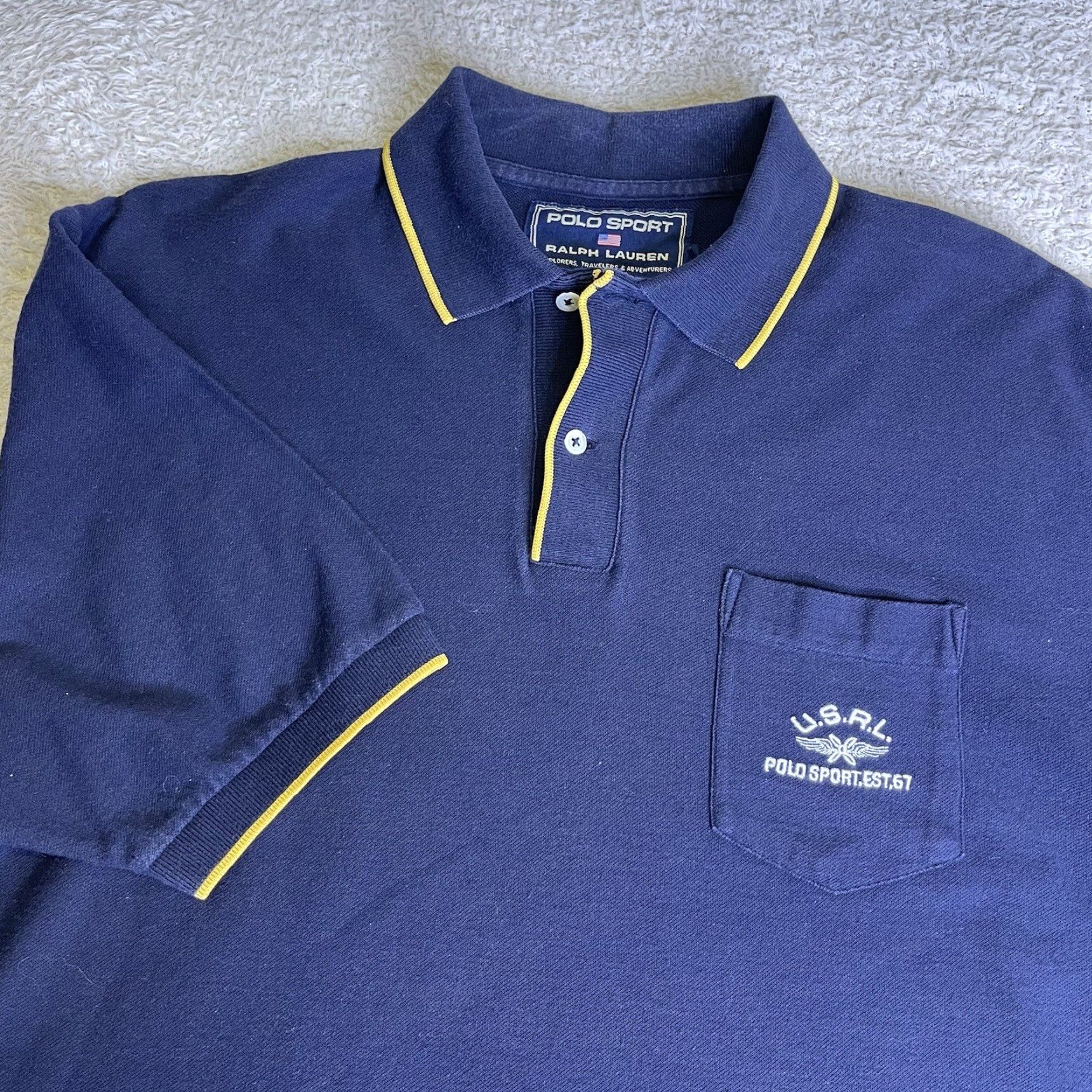 Vintage VINTAGE Polo Sport Shirt Mens Large Blue Yellow USRL 67 Embroidered Ralph Lauren Polo Shirt Size US L / EU 52-54 / 3 - 2 Thumbnail