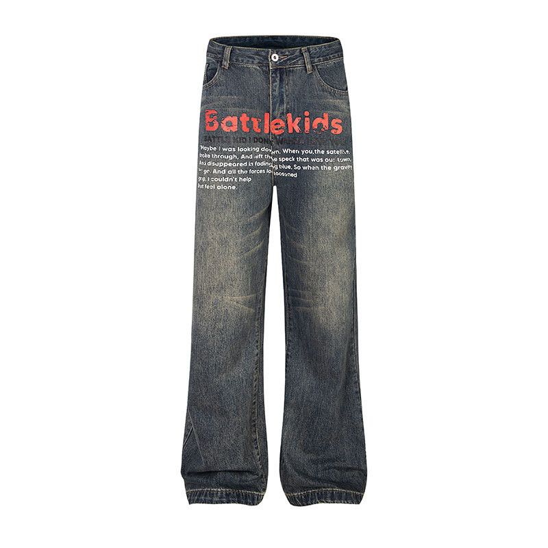 Vintage Retro washed distressed street letter print jeans for men Size US 32 / EU 48 - 1 Thumbnail