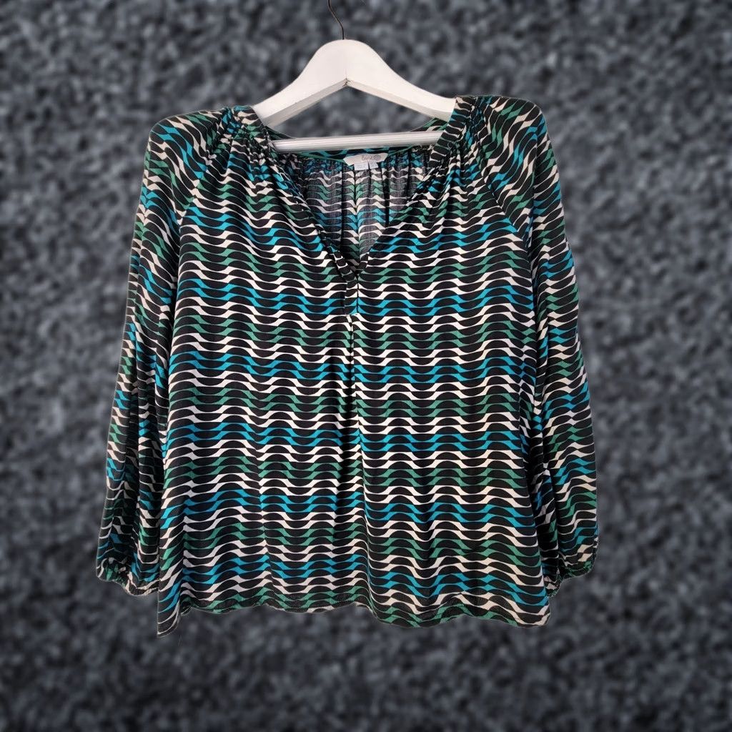 Boden Boden Blouse Wave Print V-Neck Long Sleeve Size 4 Black Green Blue WA551 Womens Size S / US 4 / IT 40 - 1 Thumbnail