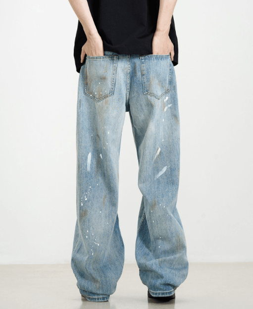 Japanese Brand Men's ink-splashed vintage washed loose casual jeans Size US 32 / EU 48 - 4 Thumbnail