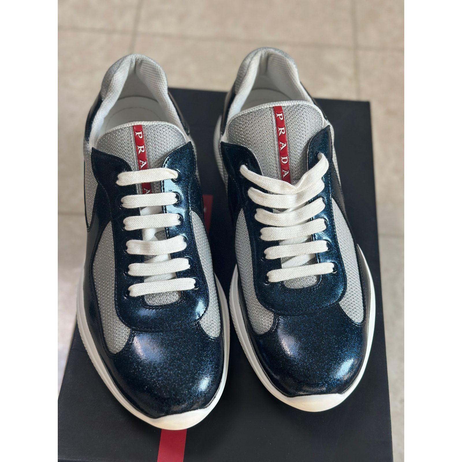 Prada America's Cup Sneakers Blue Glitter Detail Size 10Uk