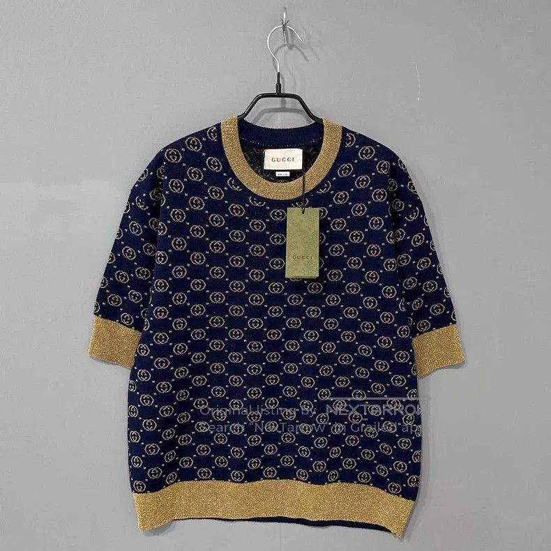 Gucci Gold thread double G full-printed knitwear short sle