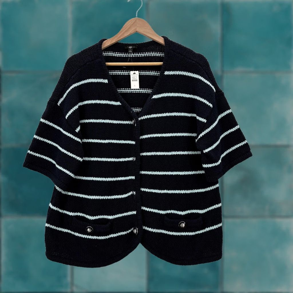 Talbots Talbots Cardigan Sweater Womens L Blue Stripe Nautical Pockets Short Sleeve V-Neck Knit Cotton Blend Nylon Dolman Sleeve Relaxed Casual 90s Theme? Size L / US 10 / IT 46 - 1 Thumbnail